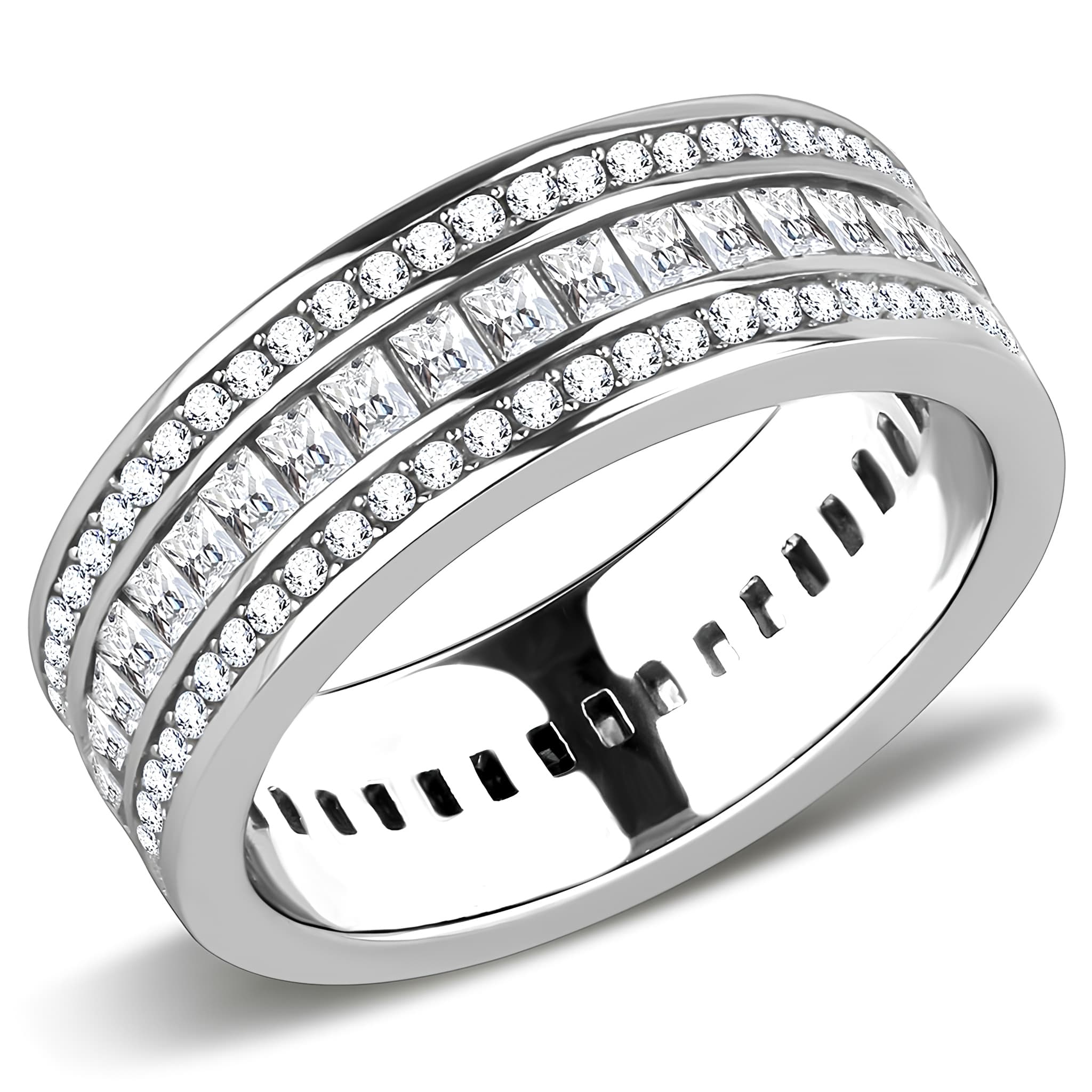 Stainless Steel CZ Pave Triple Row Eternity Band Ring