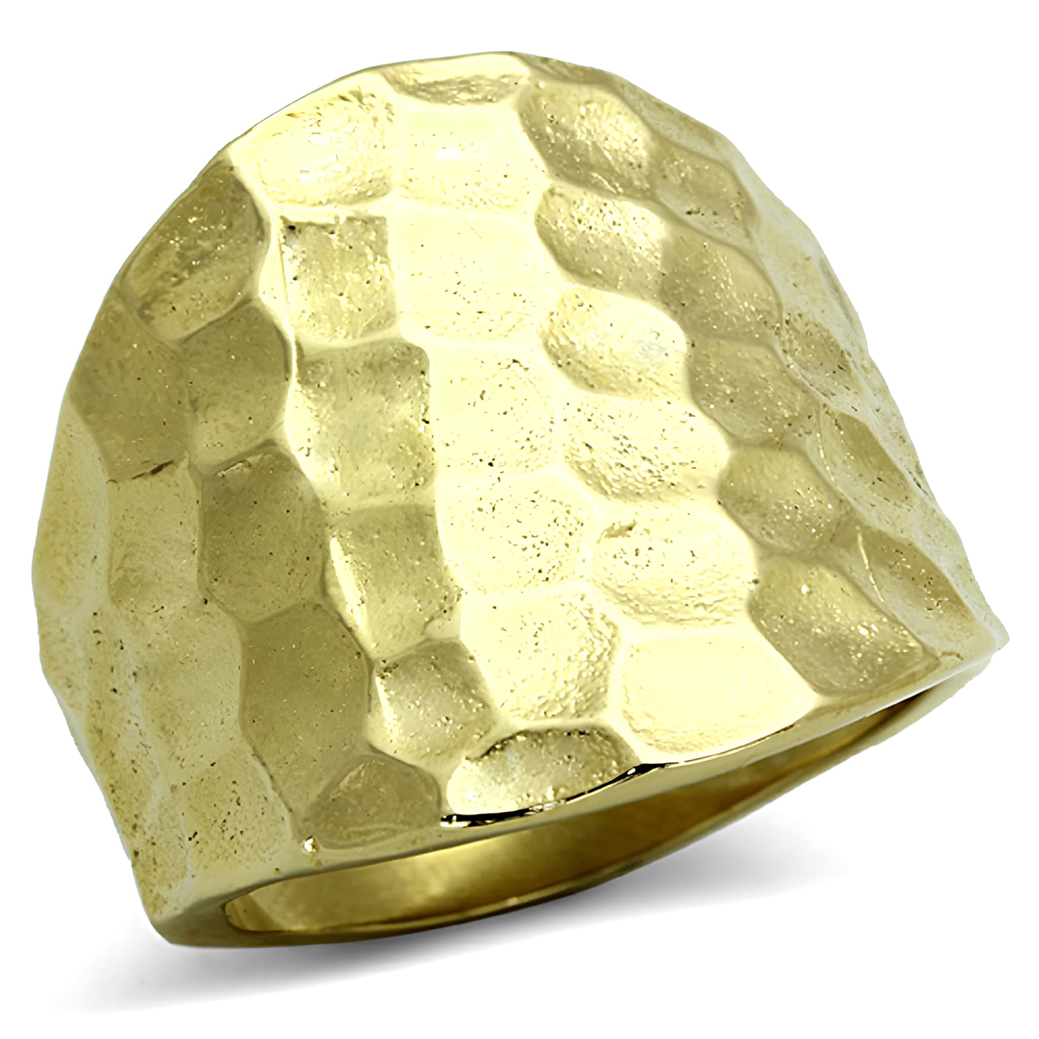 Stainless Steel Gold Hammered Dome Wide Band Ring