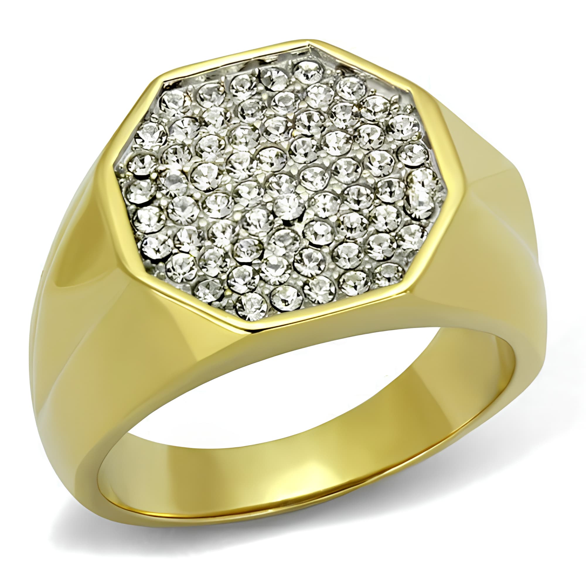 Stainless Steel Gold IP CZ Pave Hexagonal Dome Mens Signet Ring