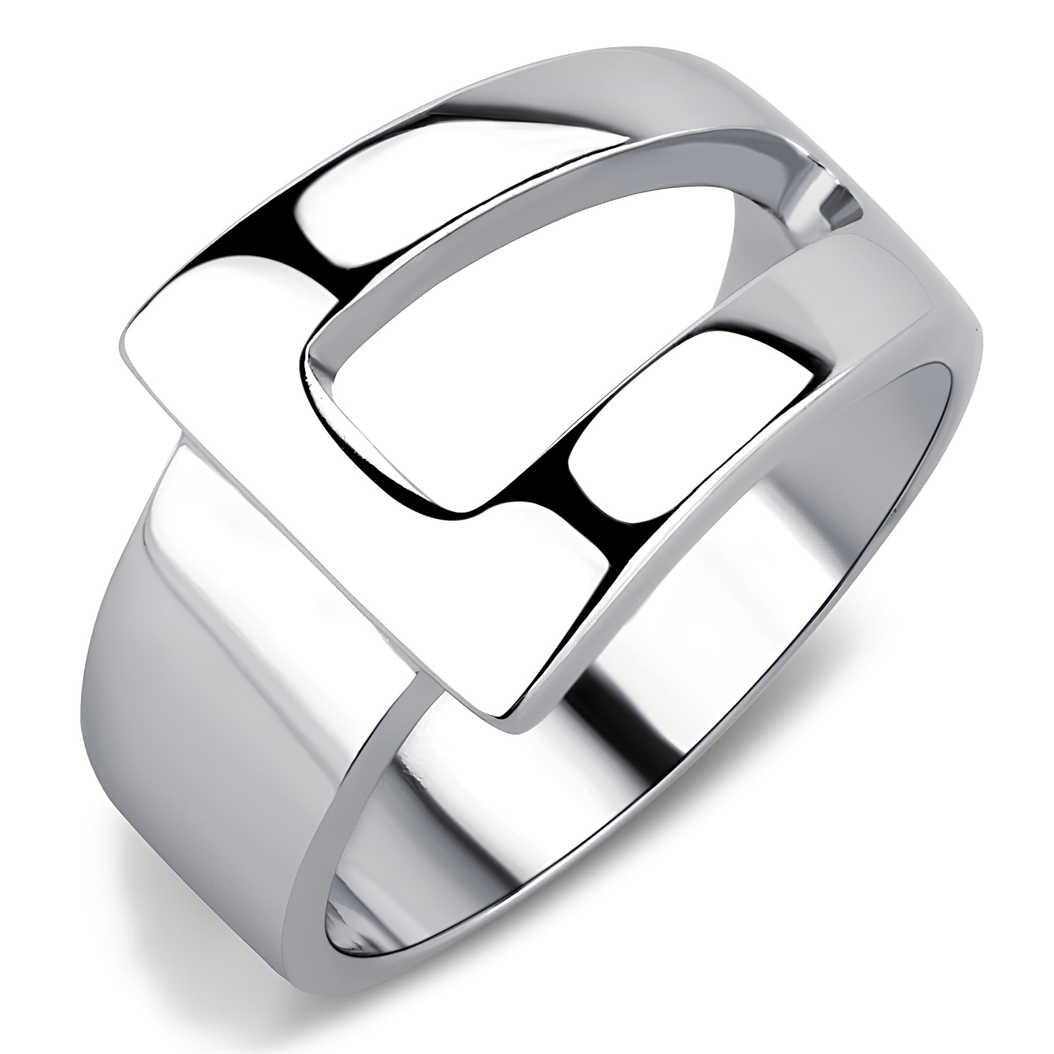 Stainless Steel Silver Polished Rectangular Link Wide Band Ring