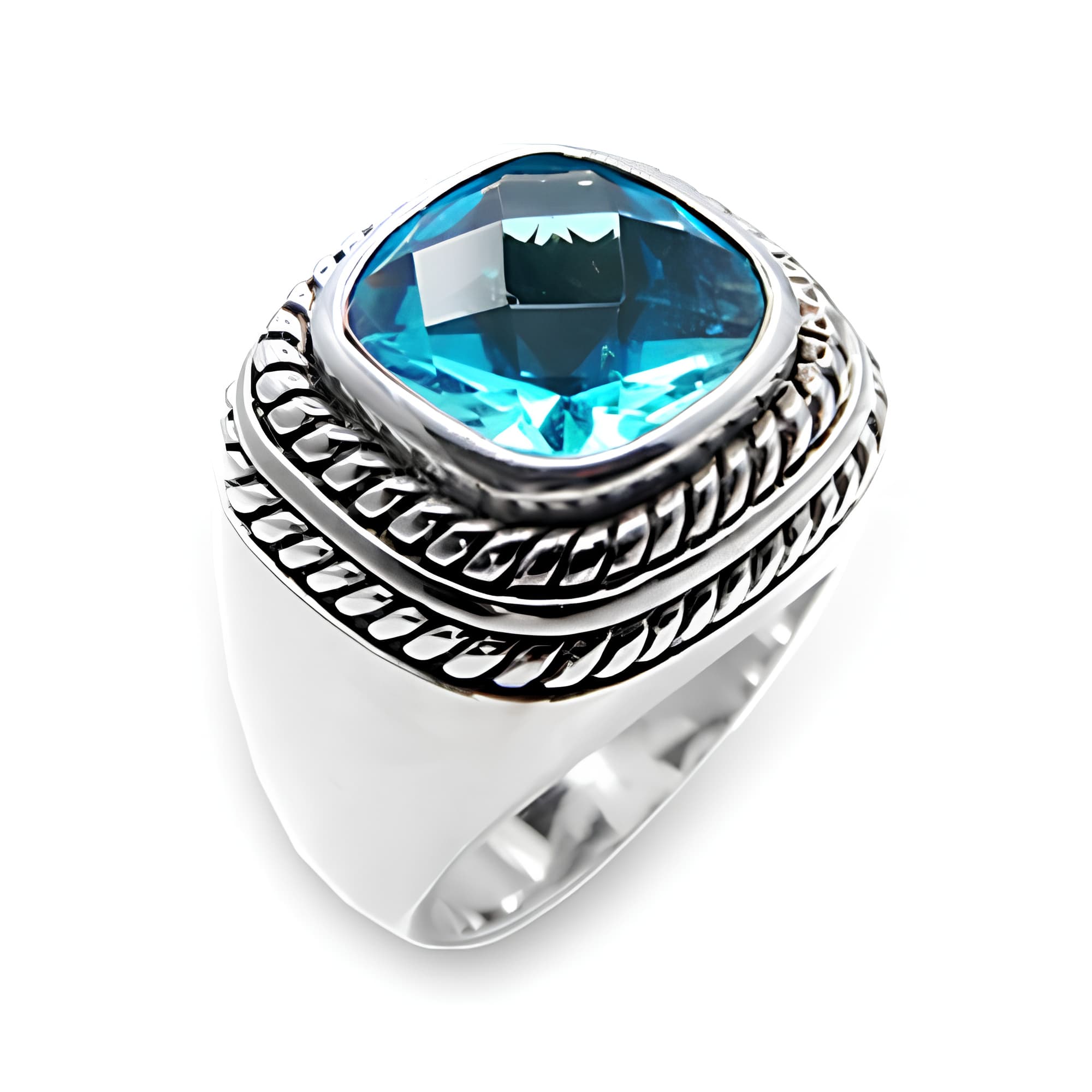 Sterling Silver Blue Topaz CZ Cushion Rope Bezel Ring