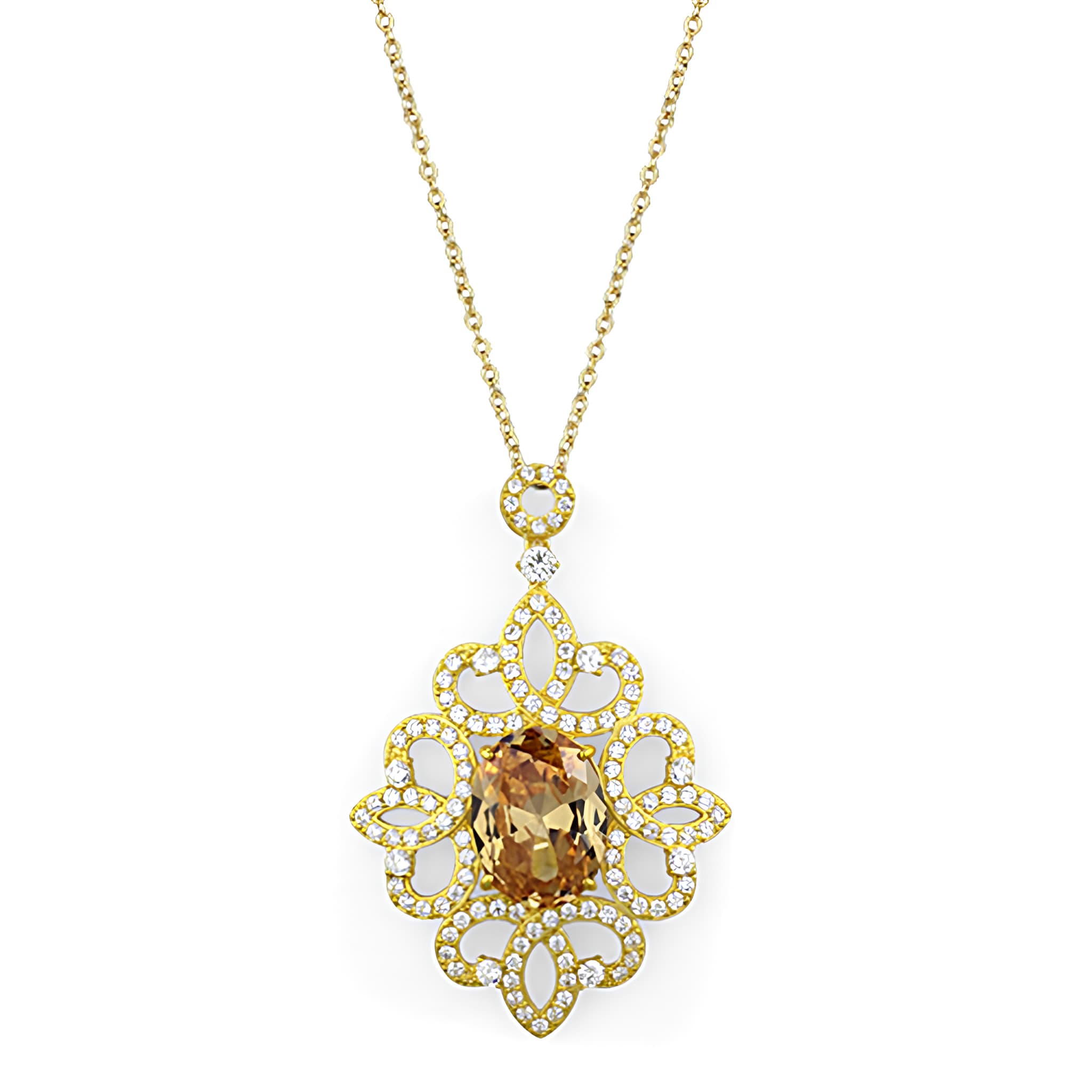 Sterling Silver Gold Champagne CZ Ornate Flower Pendant Necklace