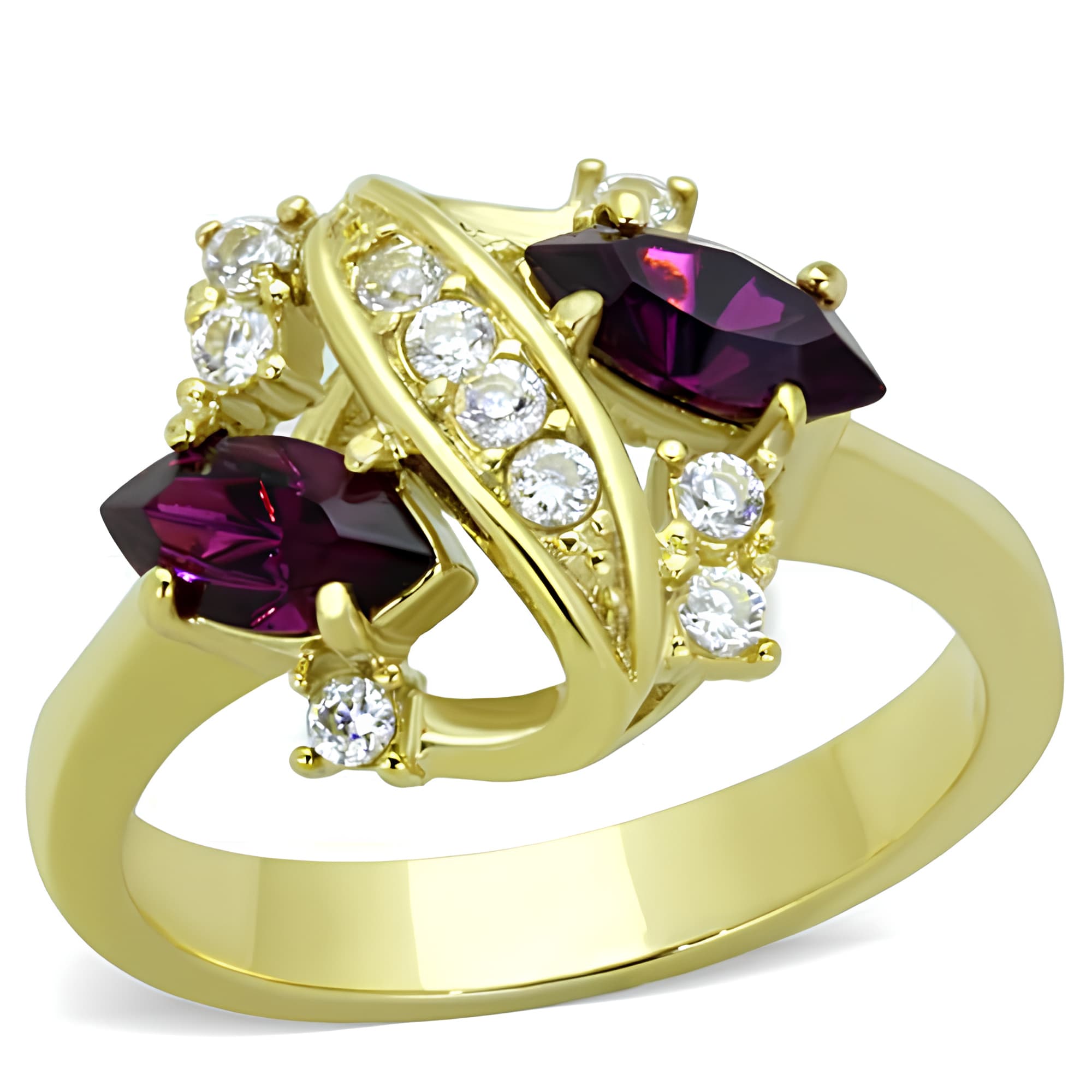 Stainless Steel Gold Amethyst Marquise CZ Cluster Bypass Ring