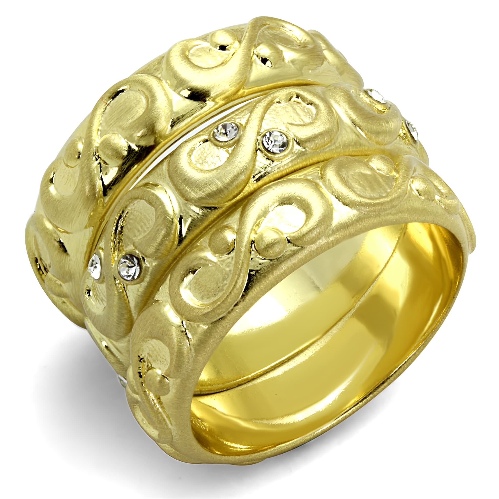 Brass Gold CZ Scroll Filigree Wide Stackable Band Ring