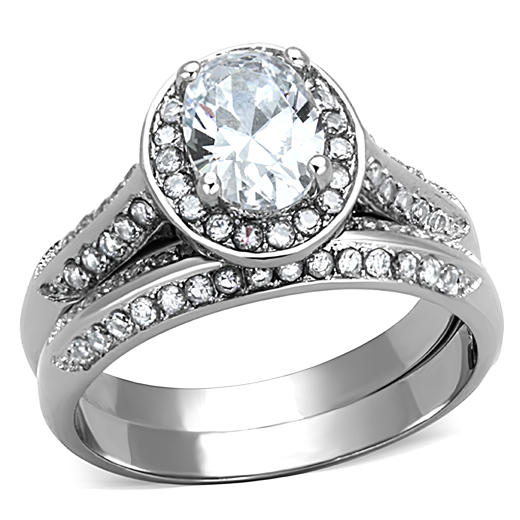 Stainless Steel CZ Oval Halo Pave Bridal Set Ring