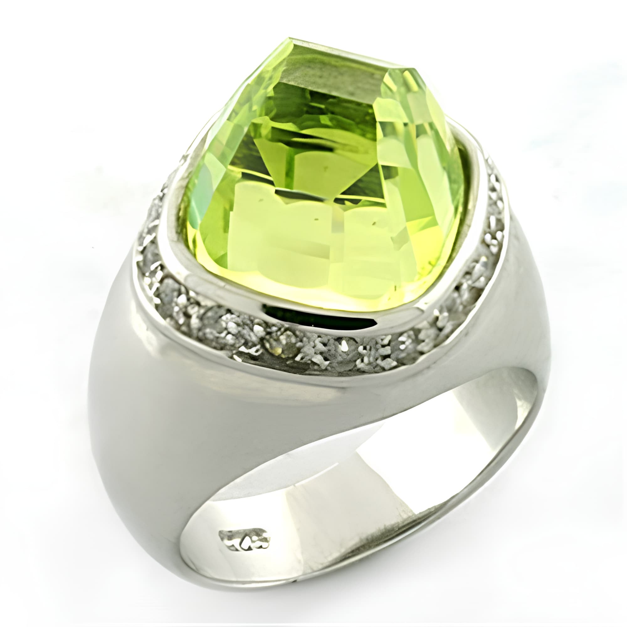 Sterling Silver Peridot Green CZ Cushion Pave Dome Ring