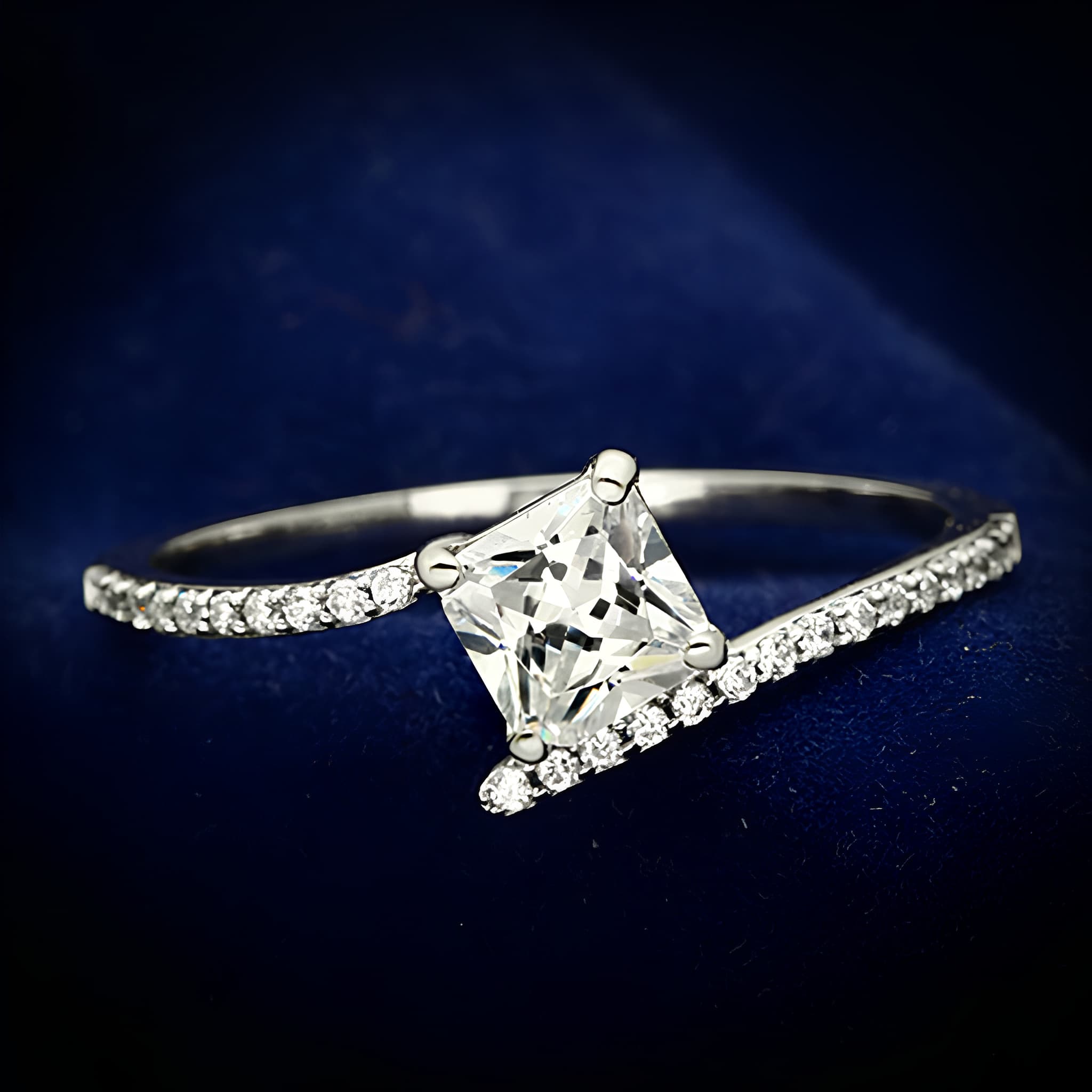 Sterling Silver CZ Emerald Cut Solitaire Pave Thin Ring