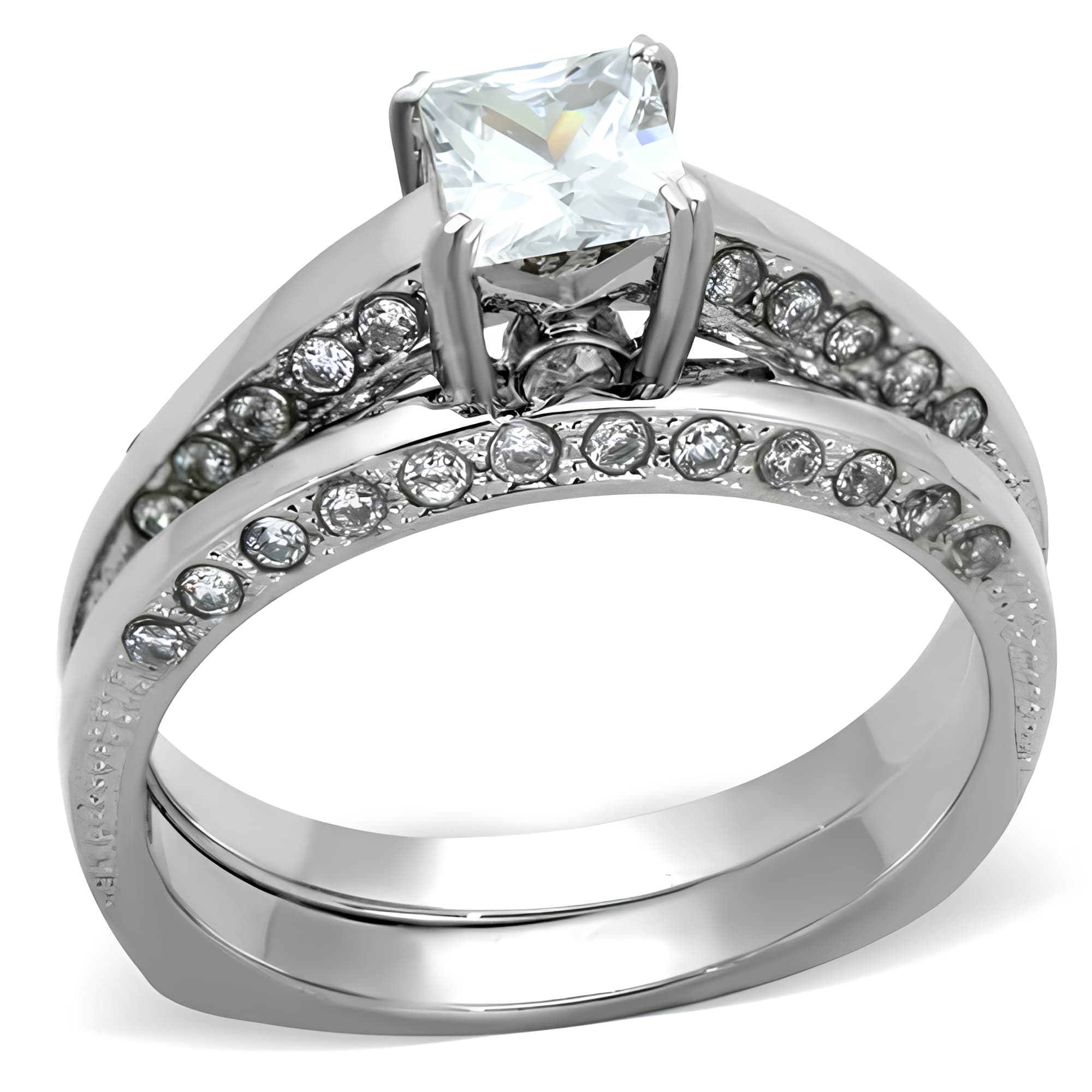Stainless Steel CZ Princess Solitaire Channel Bridal Set Ring