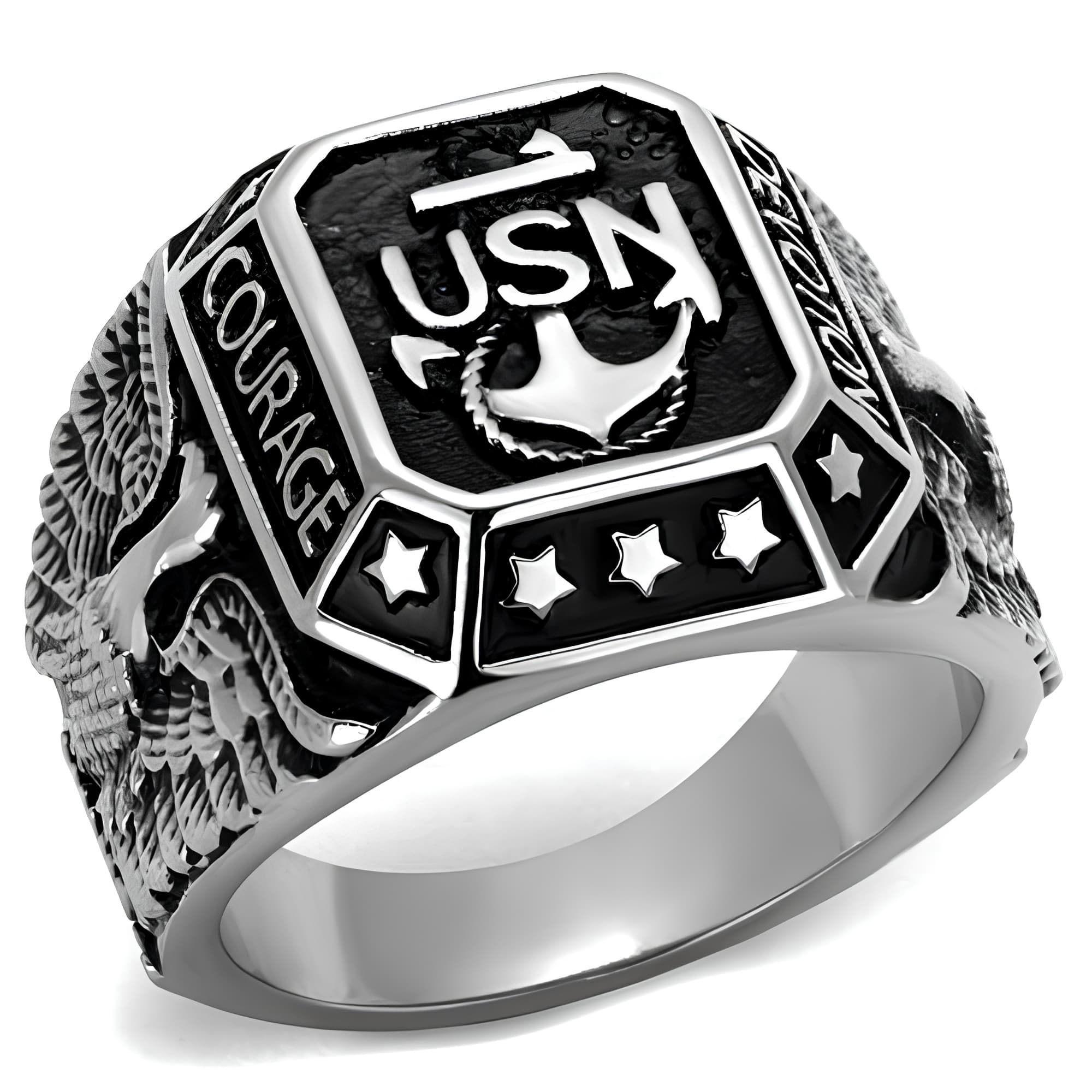 Stainless Steel USN Navy Courage Anchor Eagle Military Ring