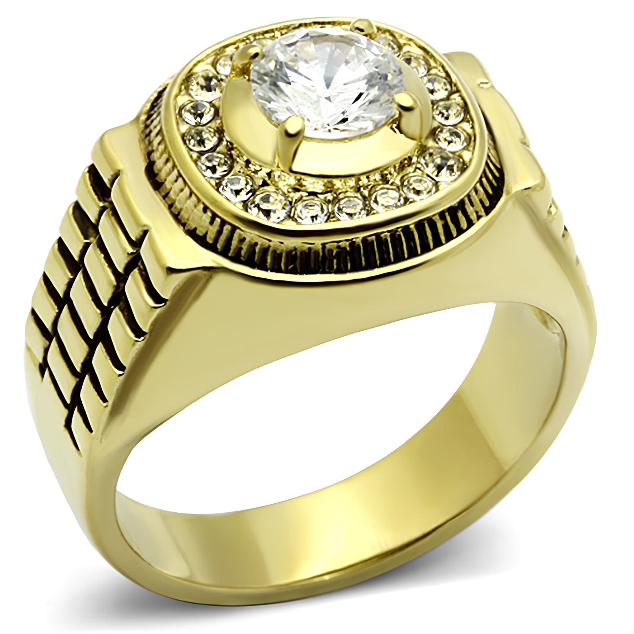 Stainless Steel Gold IP CZ Round Clear Halo Crosshatch Rolex Ring