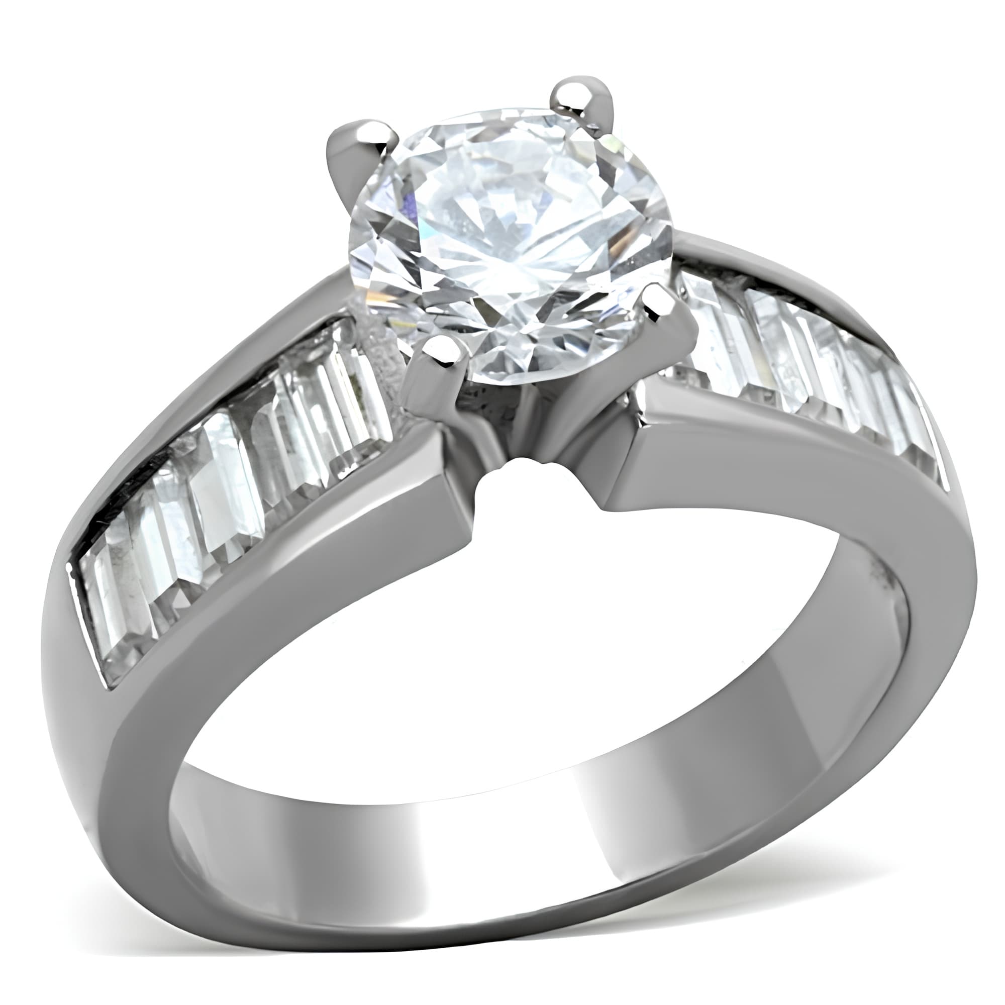 Stainless Steel CZ Round Baguette Wide Band Ring