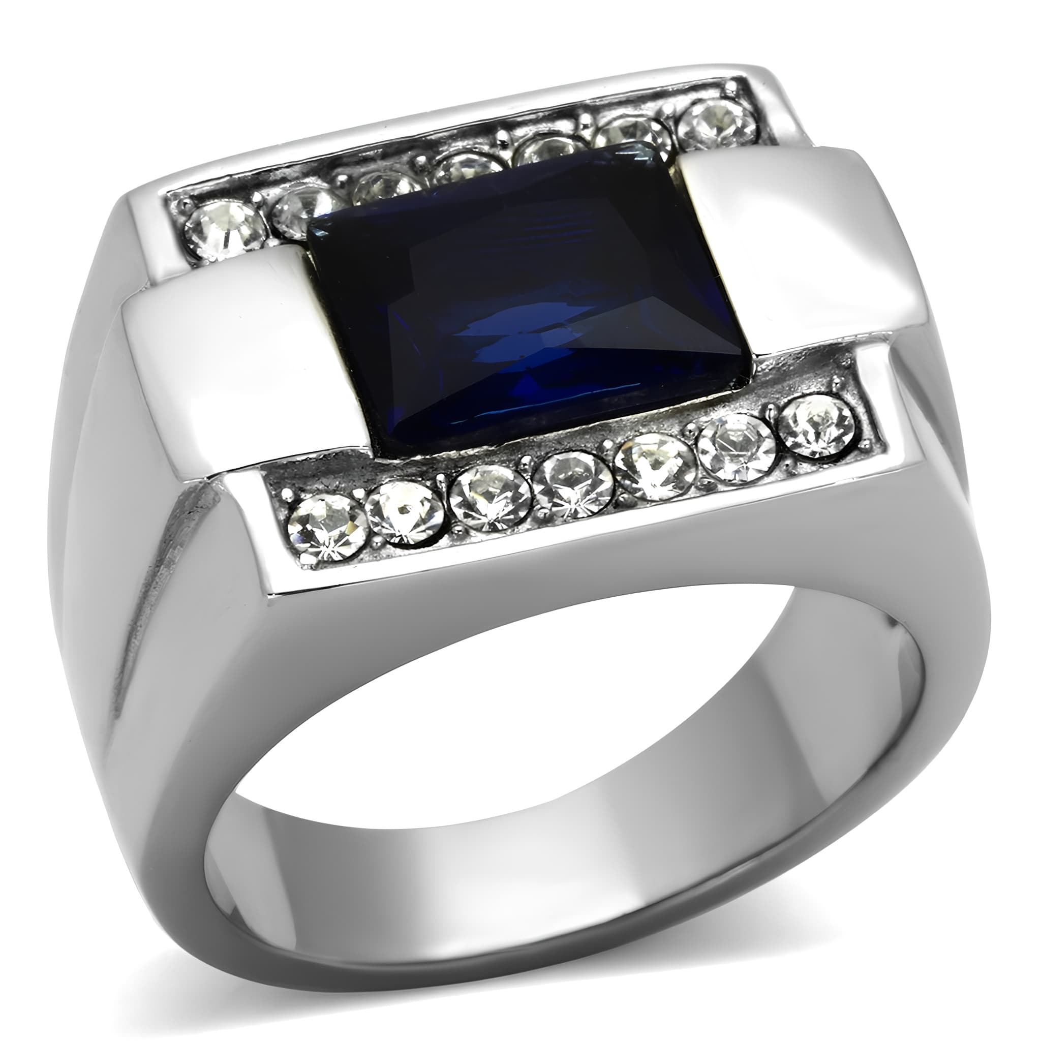 Stainless Steel Blue Sapphire Emerald Cut CZ Channel Mens Ring