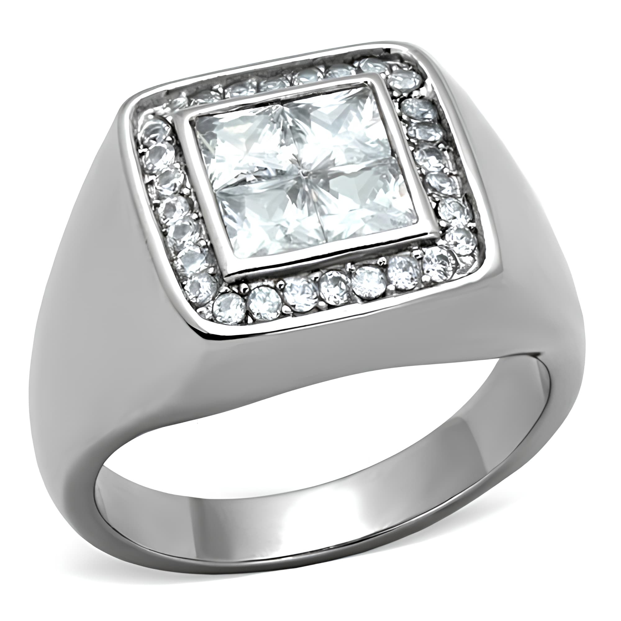 Stainless Steel CZ Princess Pave Halo Mens Signet Ring