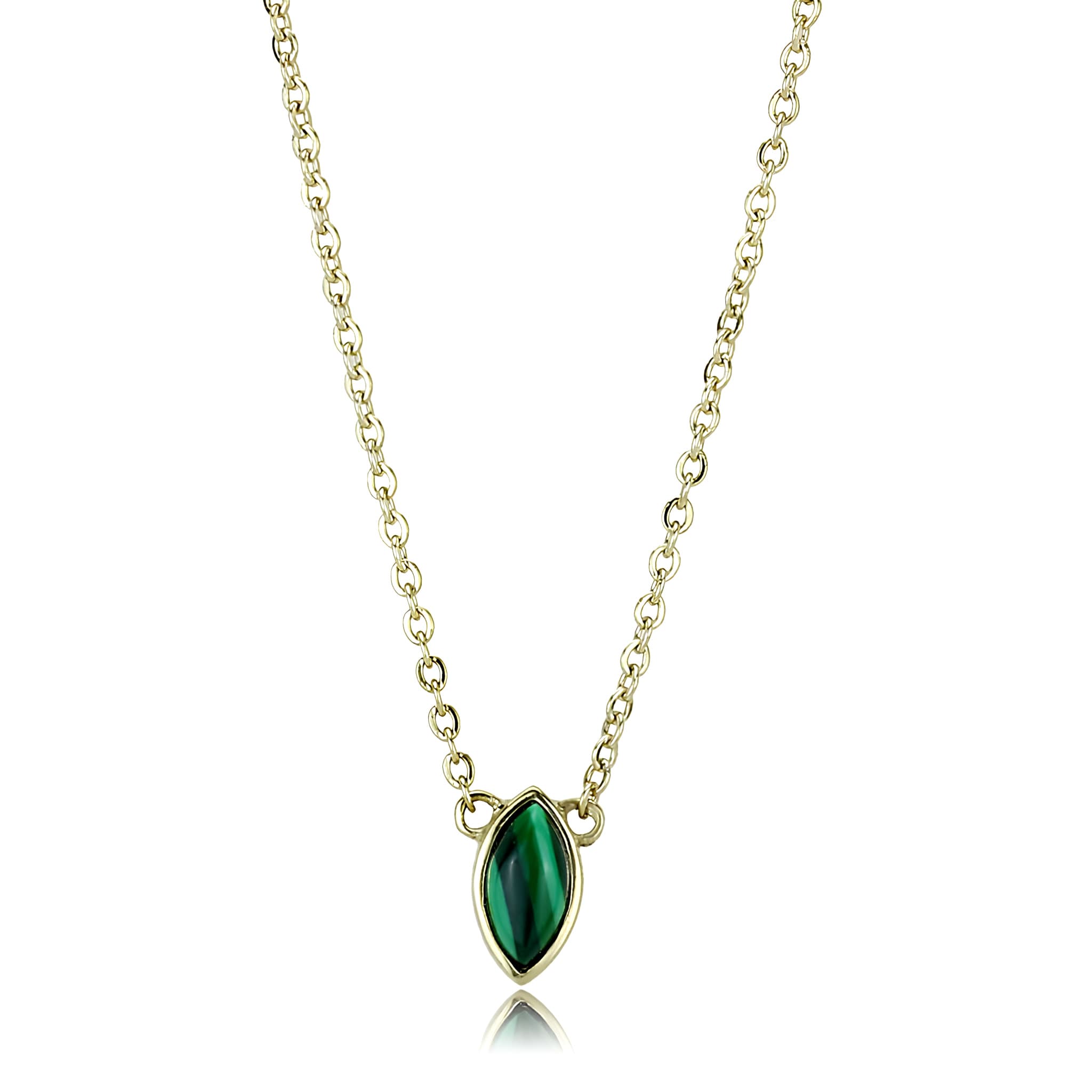 Stainless Steel Gold IP Green Malachite Marquise Bezel Necklace
