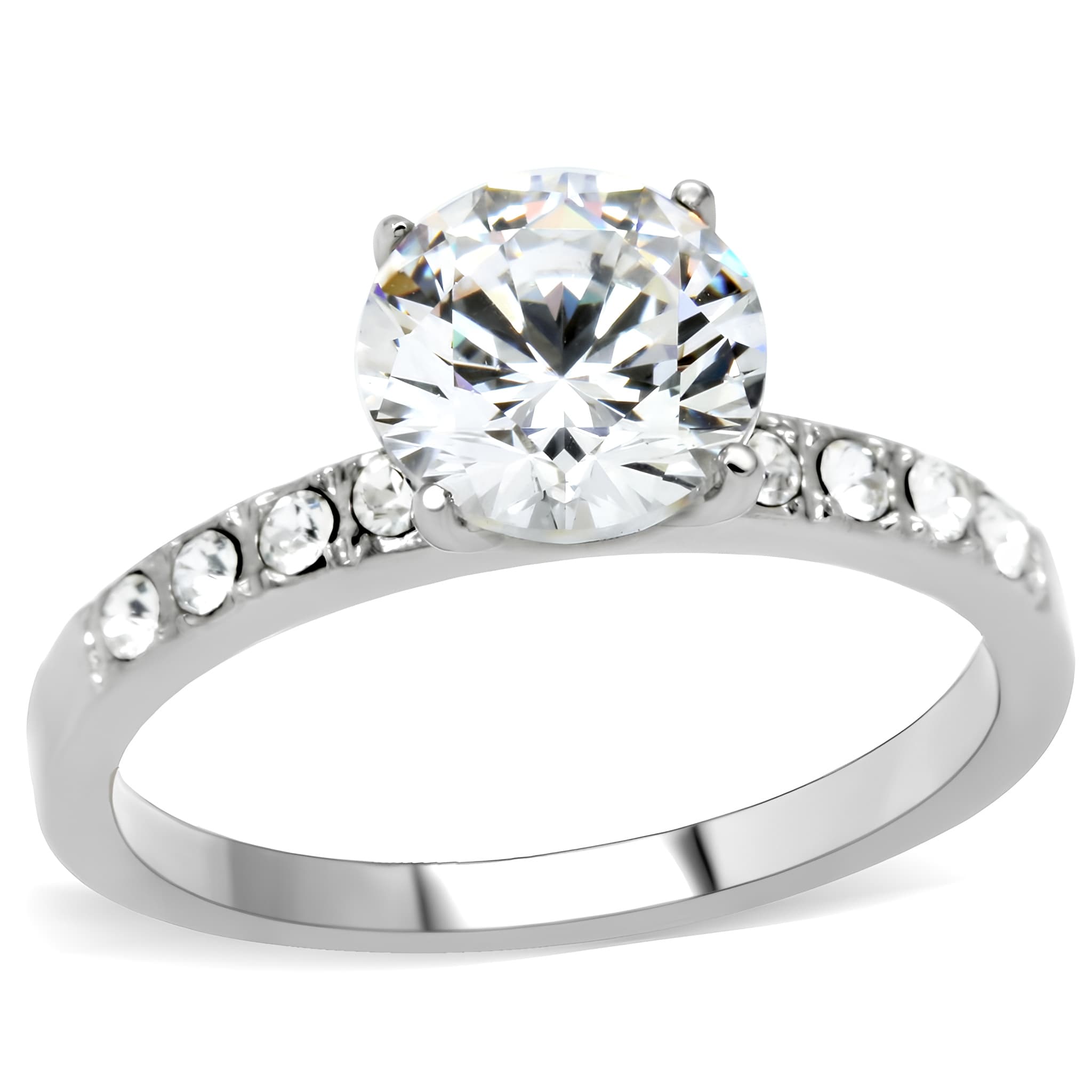 Stainless Steel CZ Round Solitaire Slim Band Ring TK198