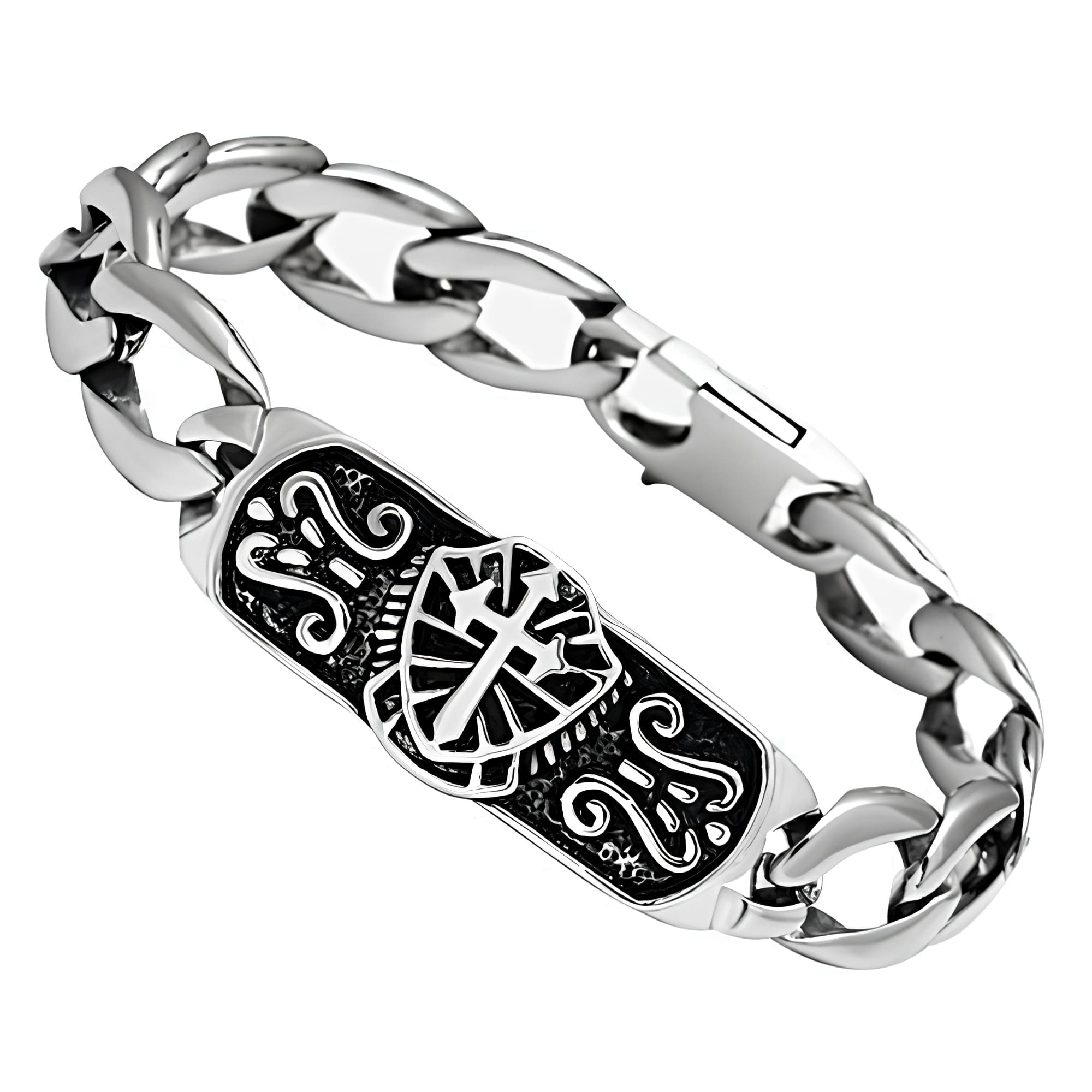 Stainless Steel Silver Celtic Cross Carved Cuban Link Bracelet