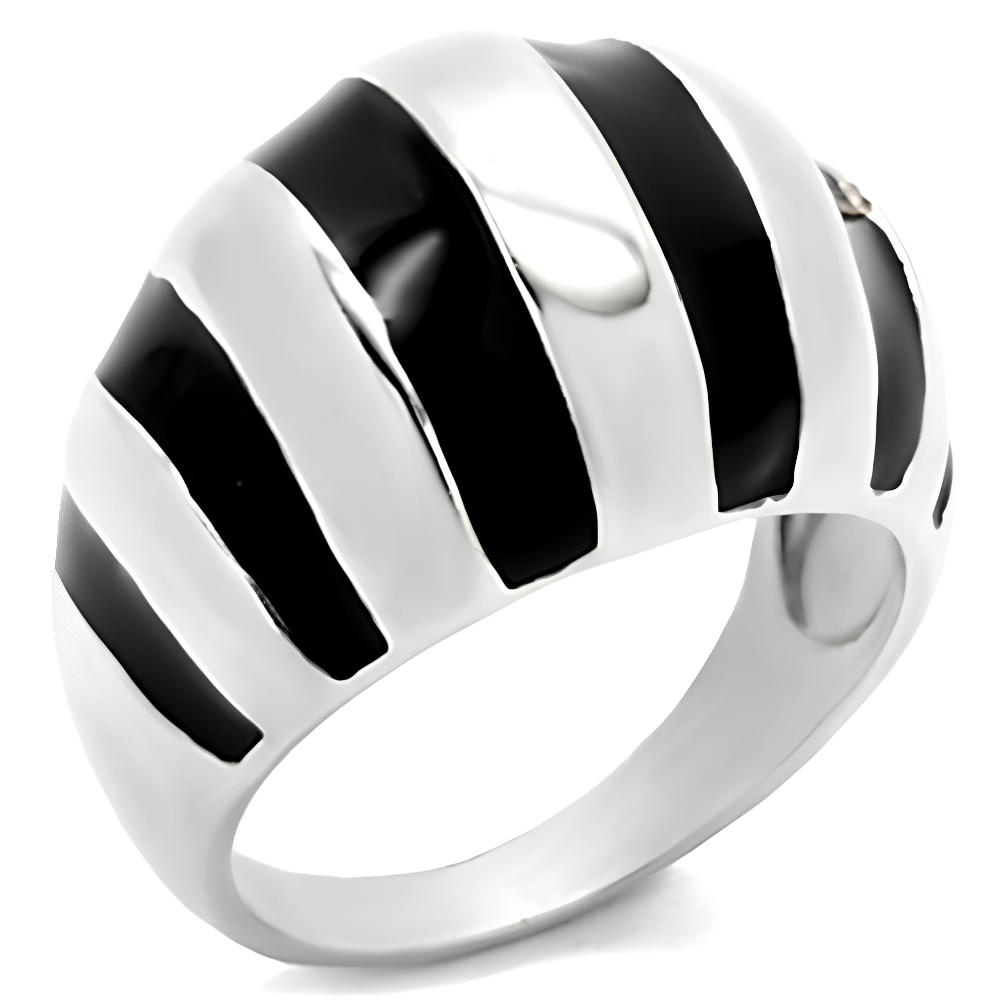 Sterling Silver Black White Enamel Stripe Dome Ring
