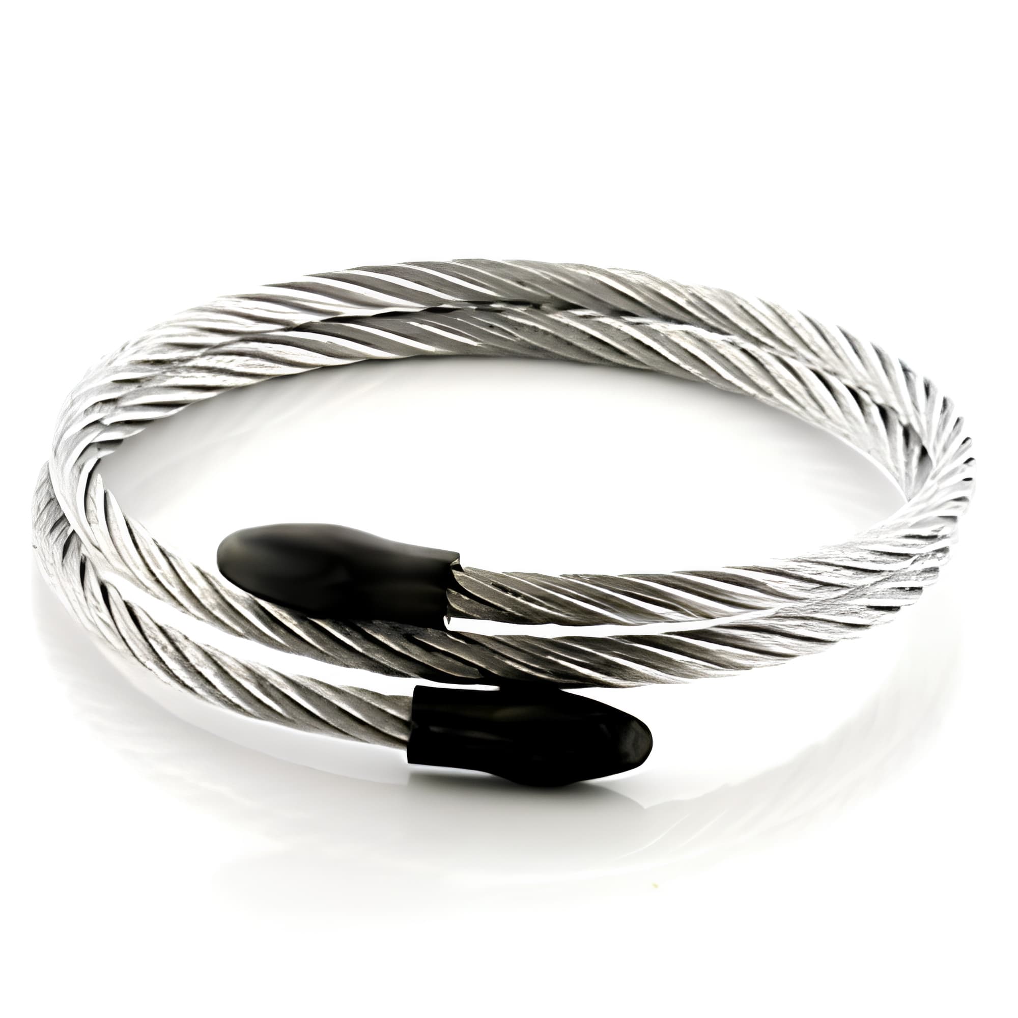 Stainless Steel Silver Black Onyx Twisted Cable Wire Bracelet