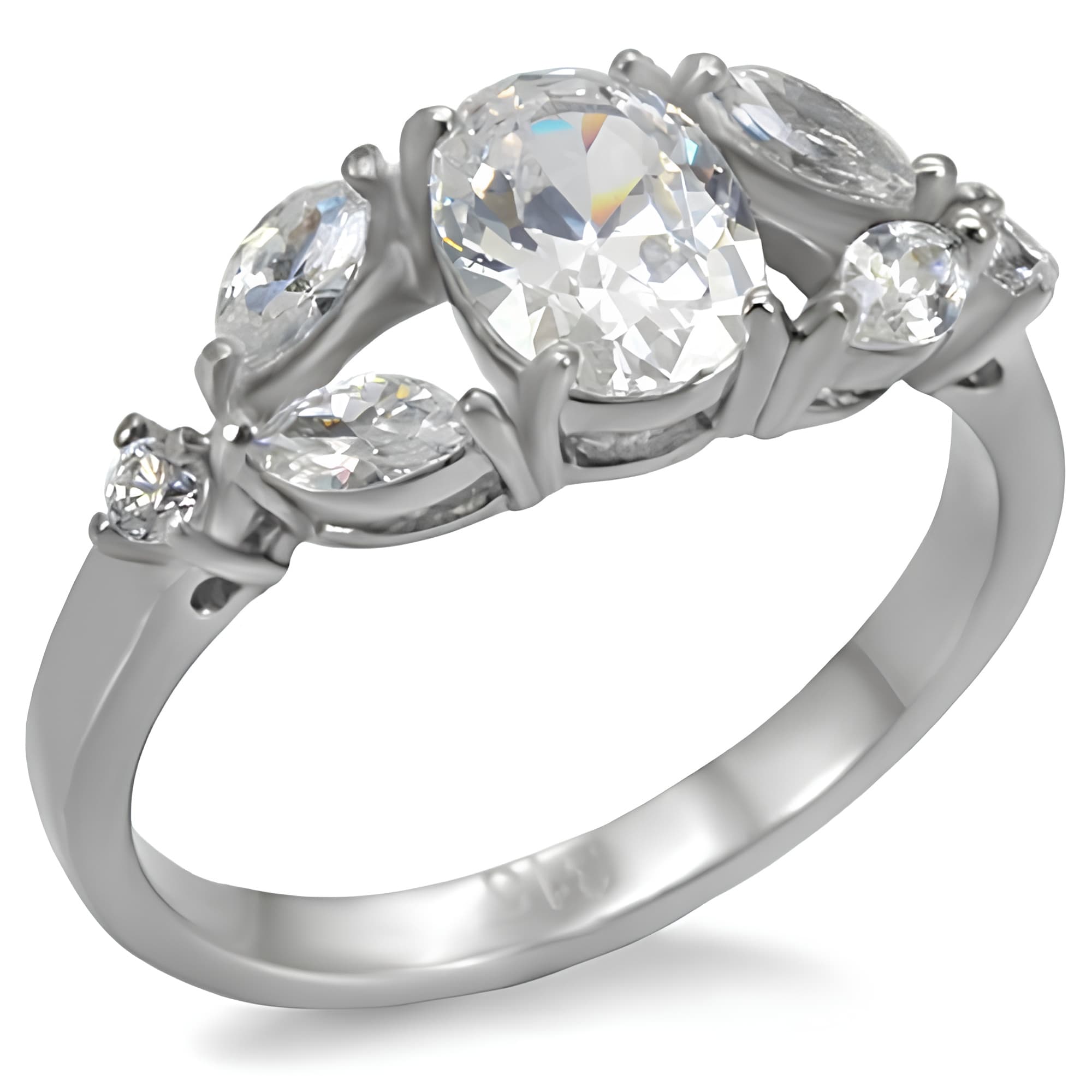 Stainless Steel CZ Oval Marquise Three Stone Ring