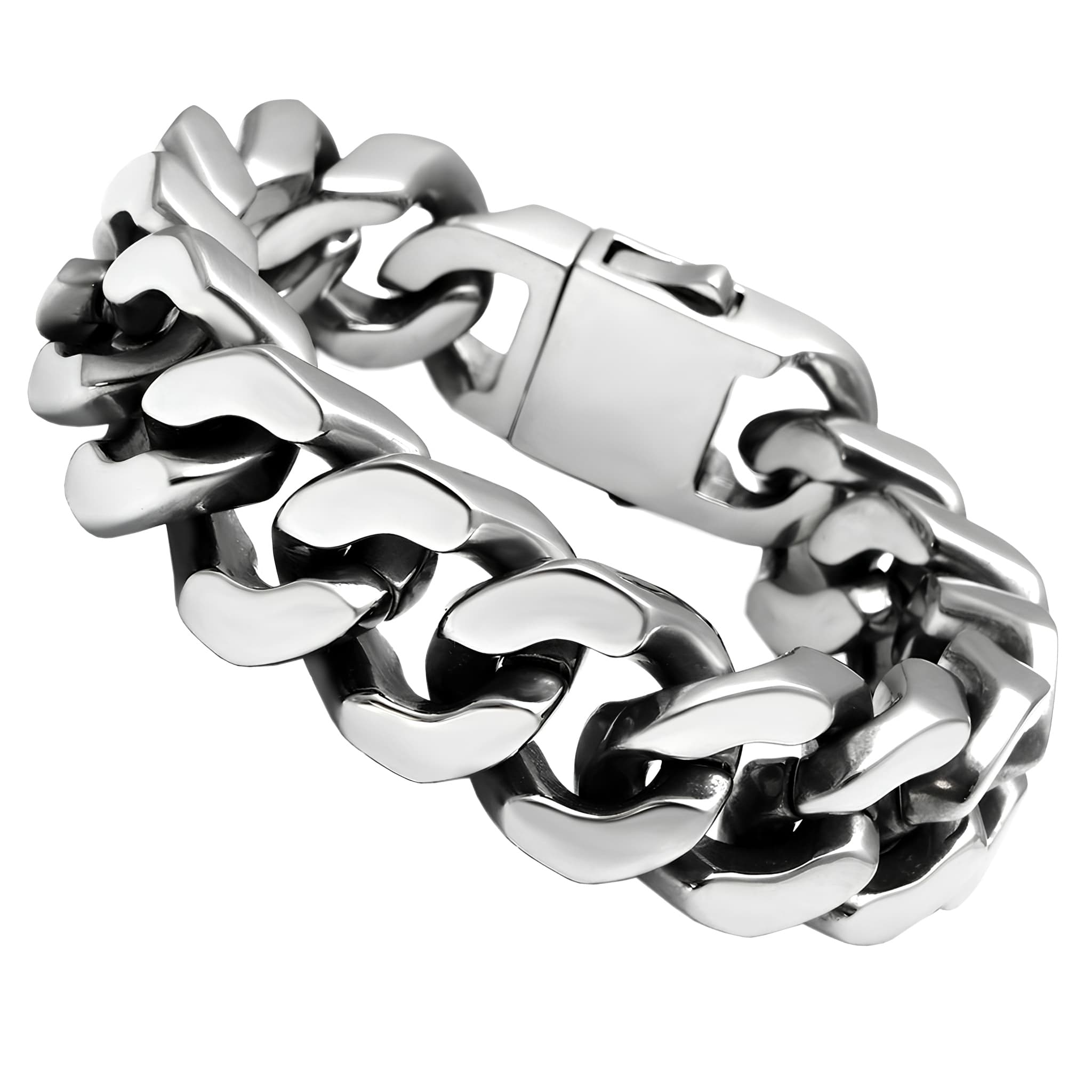 Stainless Steel Silver Heavy Polished Cuban Link Chain Bracelet