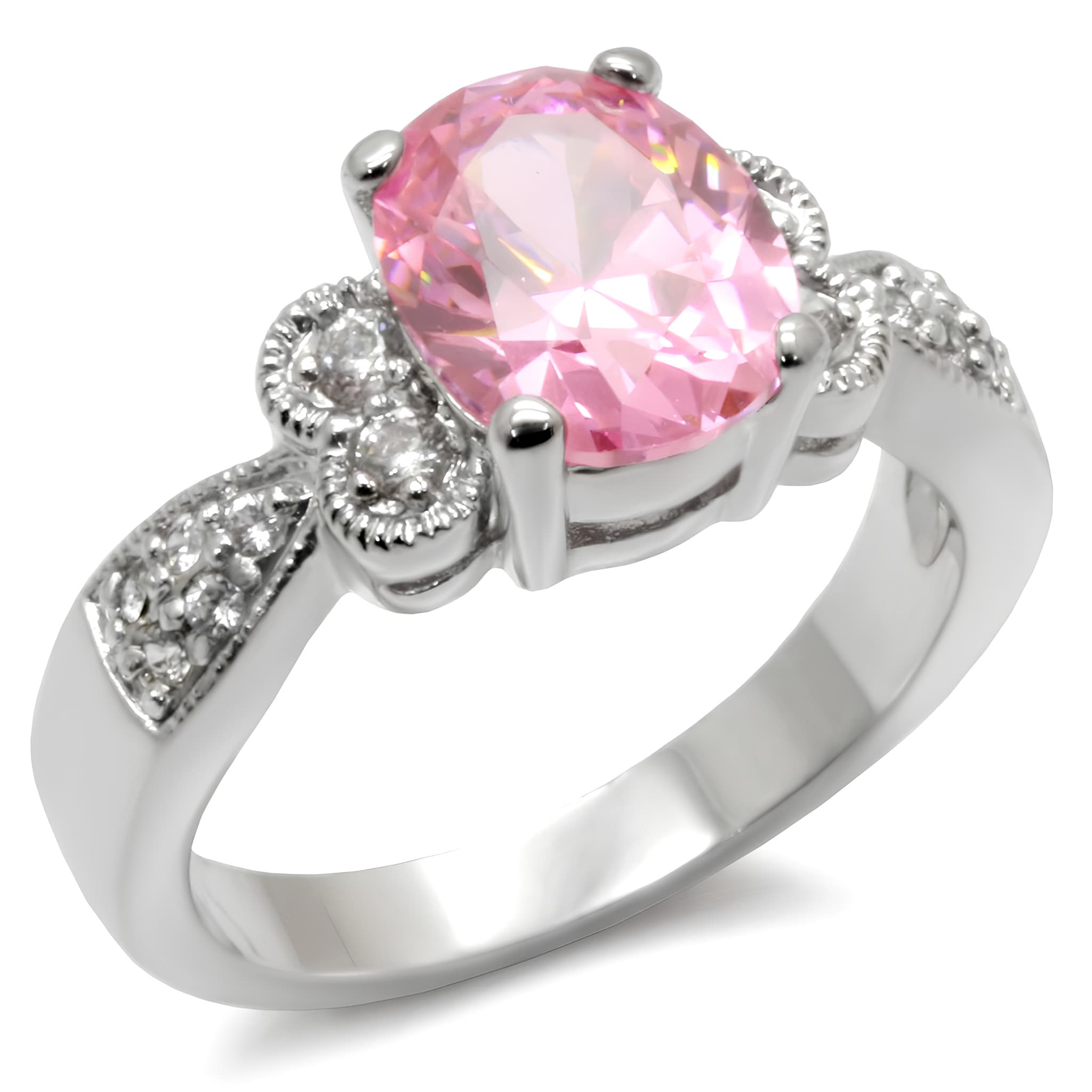 Sterling Silver Pink CZ Oval Pave Bow Accent Solitaire Ring