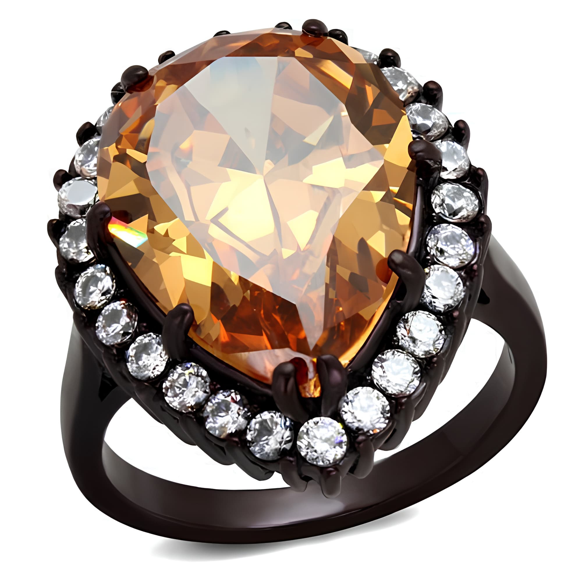 Stainless Steel Dark Gunmetal Champagne Pear CZ Halo Ring