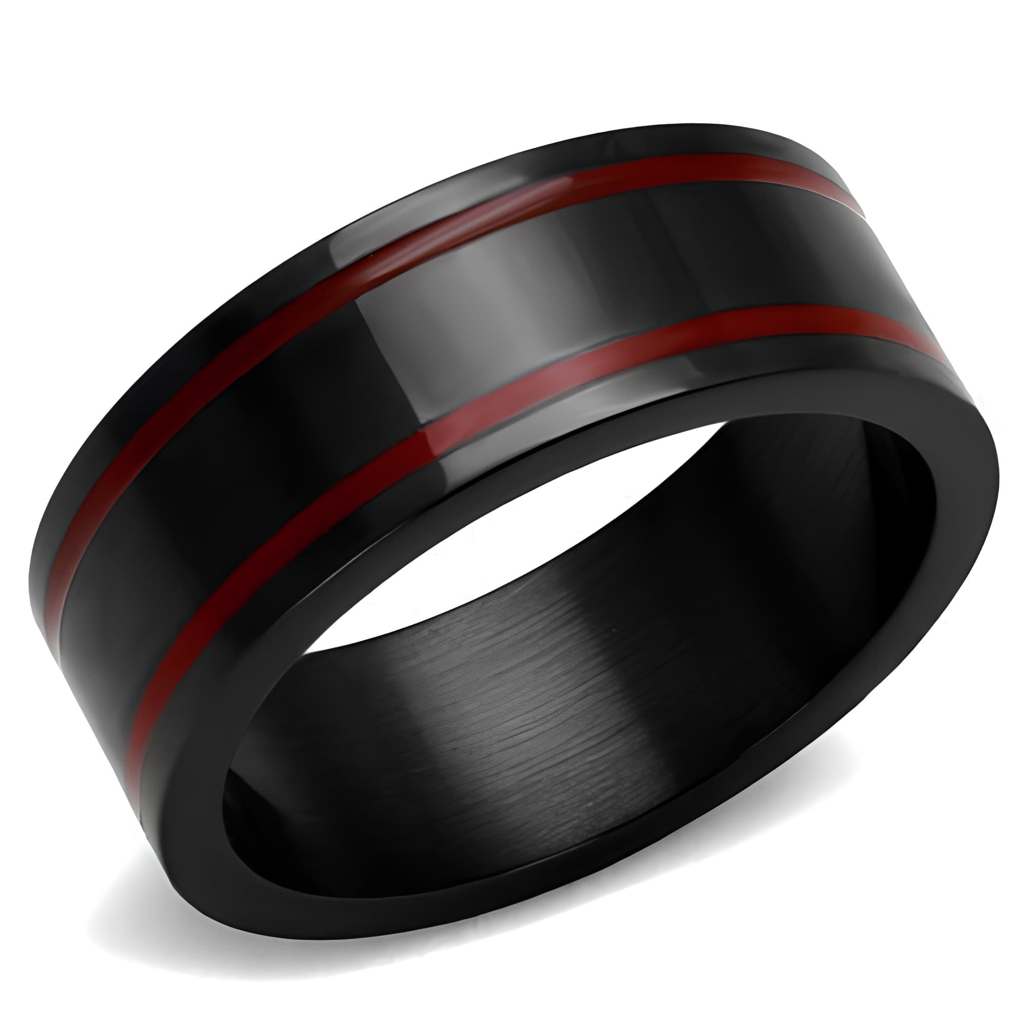 Stainless Steel Black IP Red Stripe Accent Brushed Ring