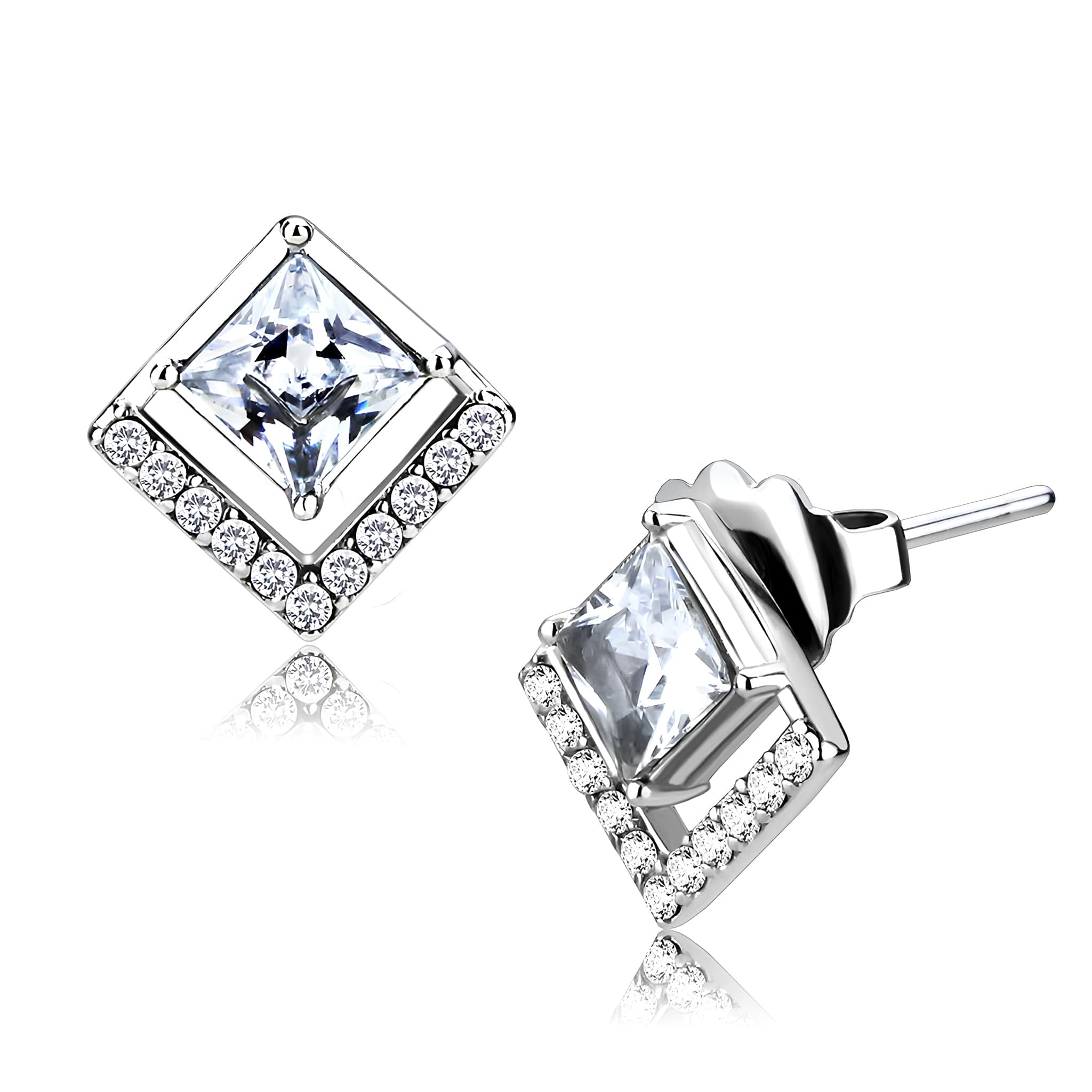Stainless Steel CZ Princess Cut Diamond Frame Stud Earrings