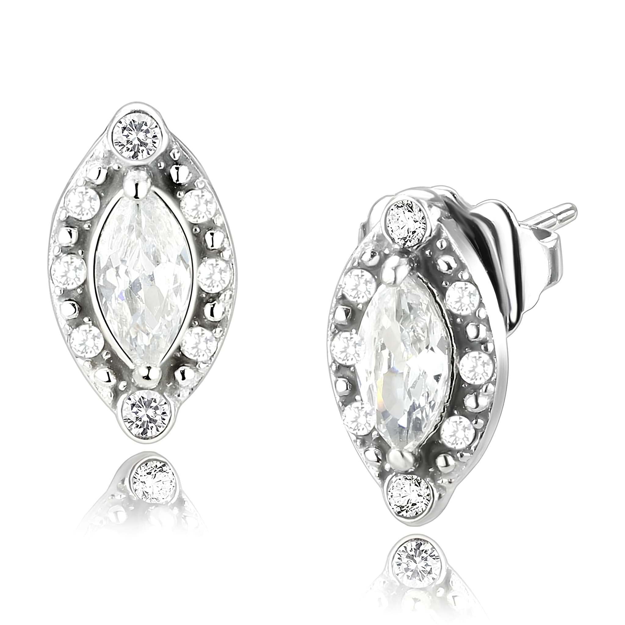 Stainless Steel CZ Marquise Pave Oval Halo Studs Earrings