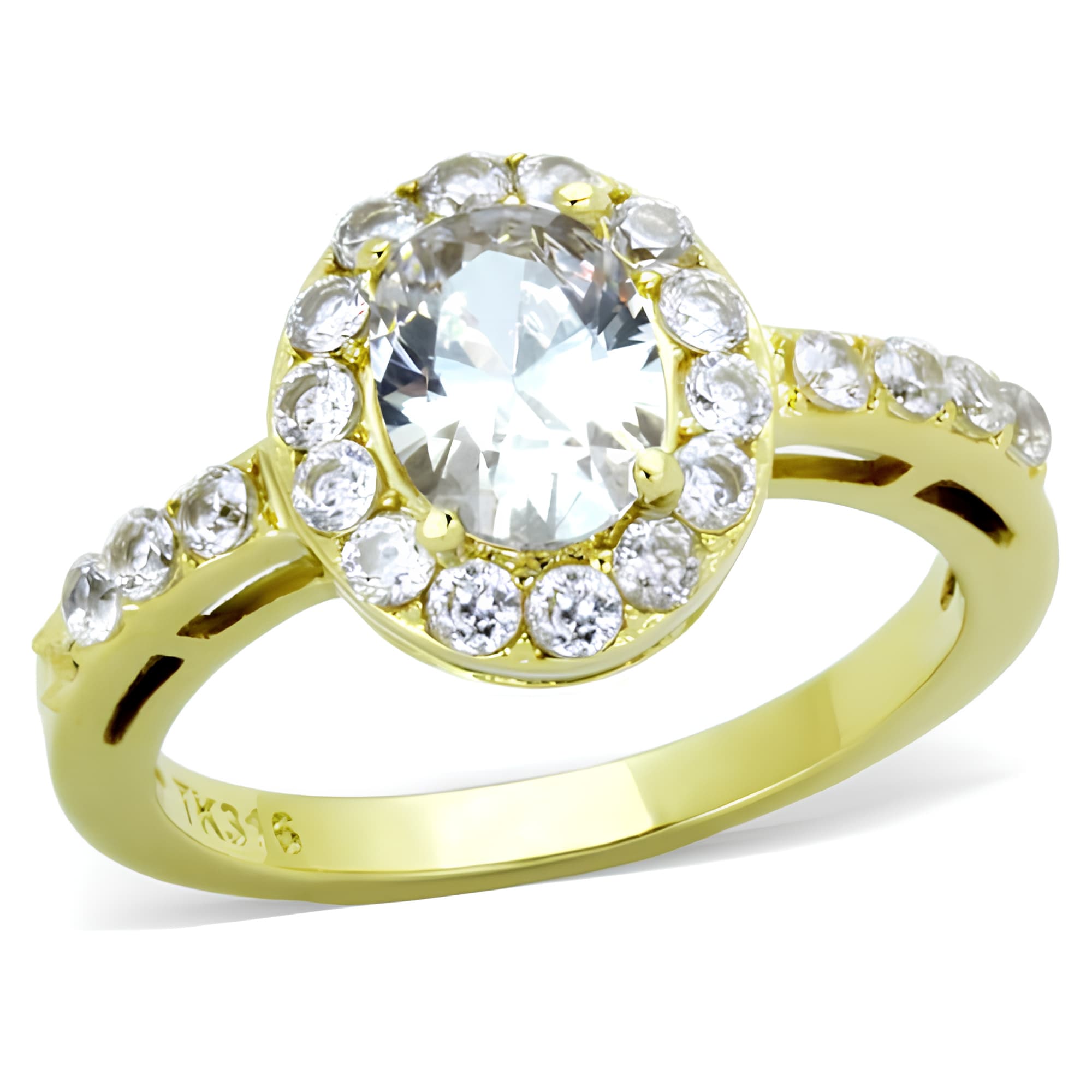Stainless Steel Gold IP Oval CZ Halo Ring
