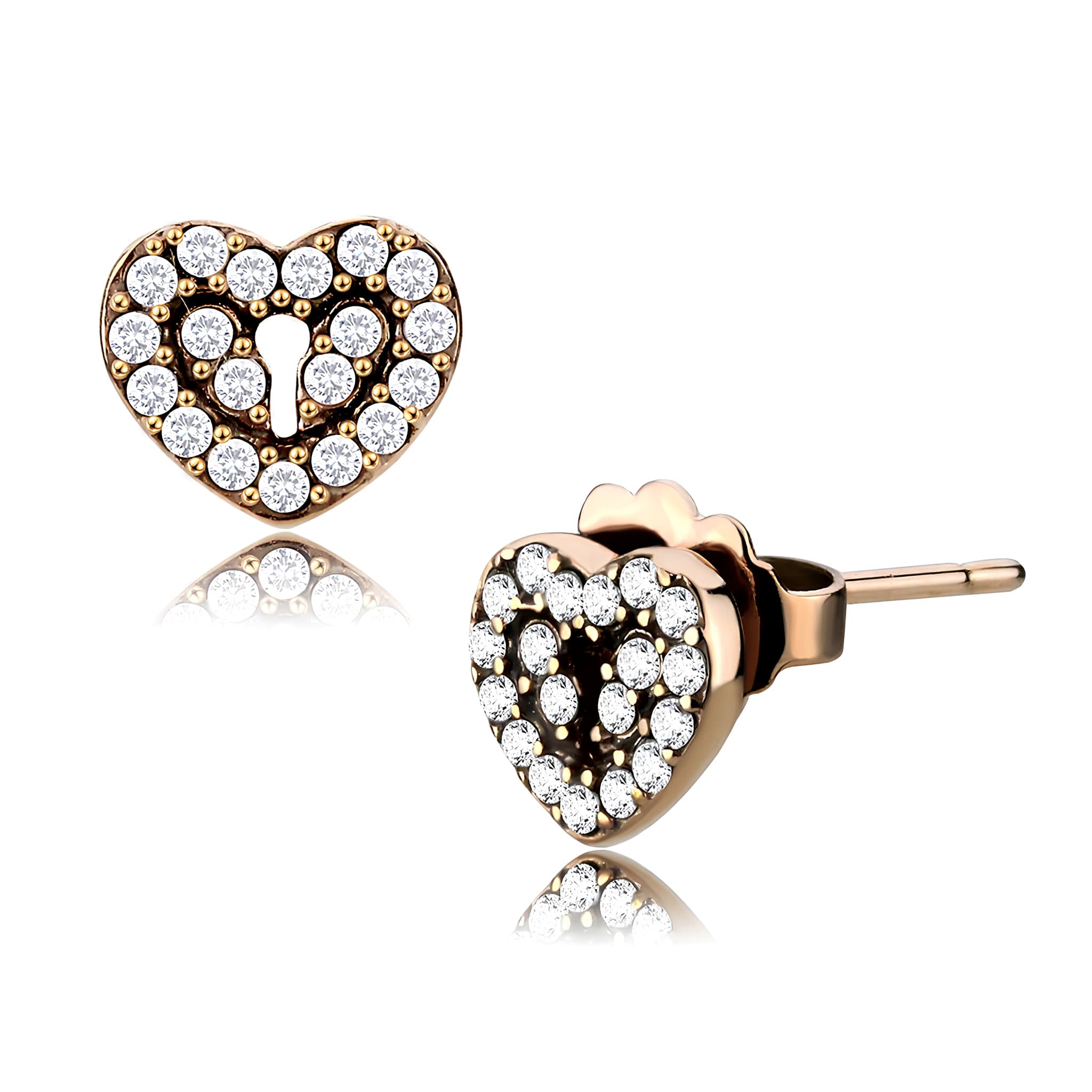 Stainless Steel Rose Gold CZ Pave Heart Stud Earrings