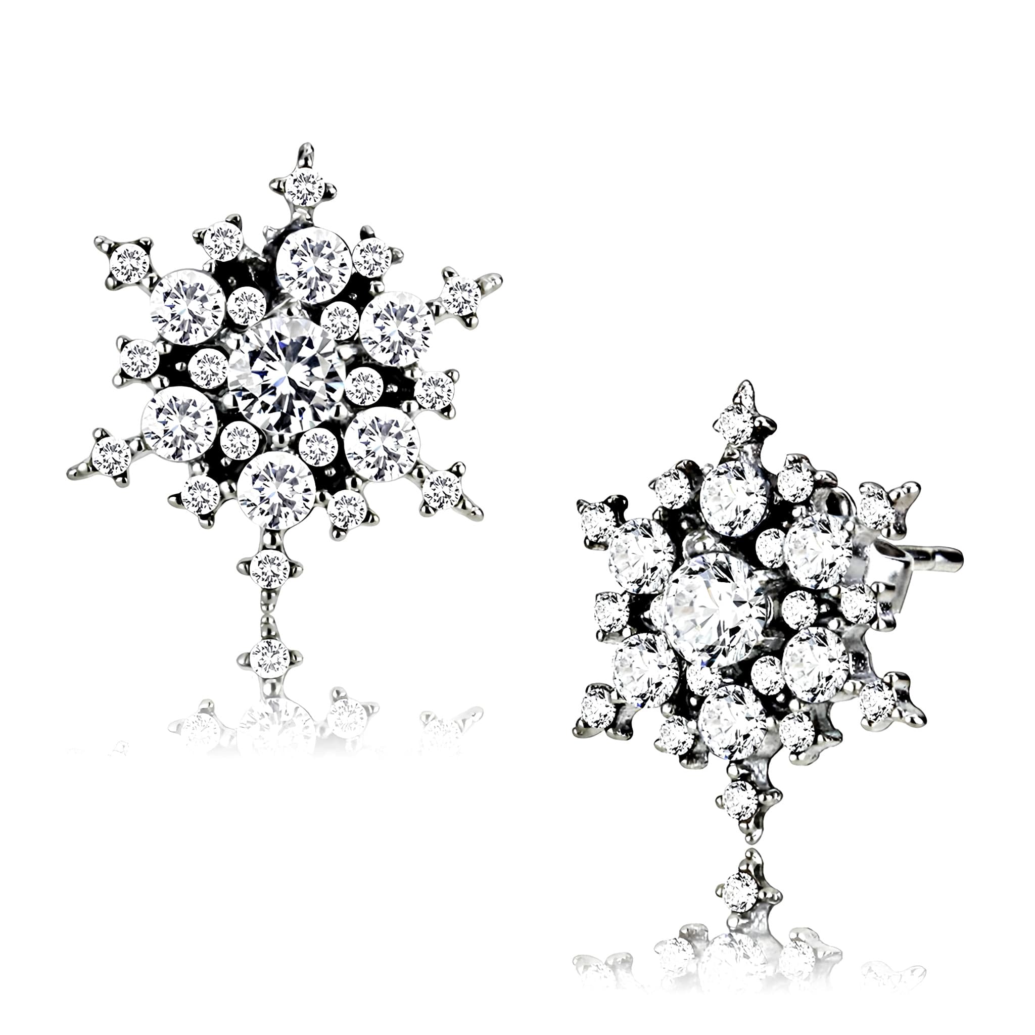 Stainless Steel CZ Pave Snowflake Starburst Studs Earrings