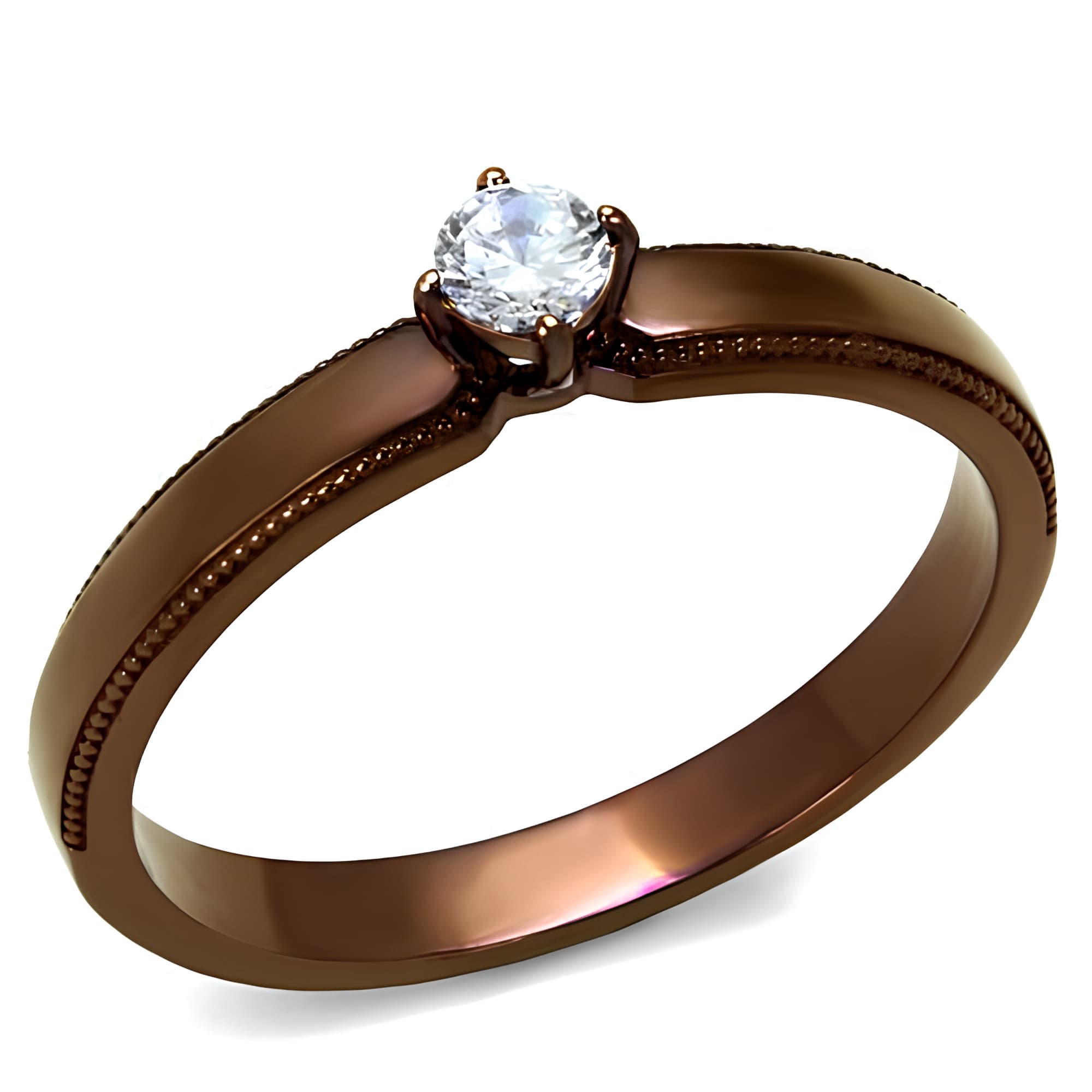 Stainless Steel Coffee Brown CZ Round Milgrain Pave Ring