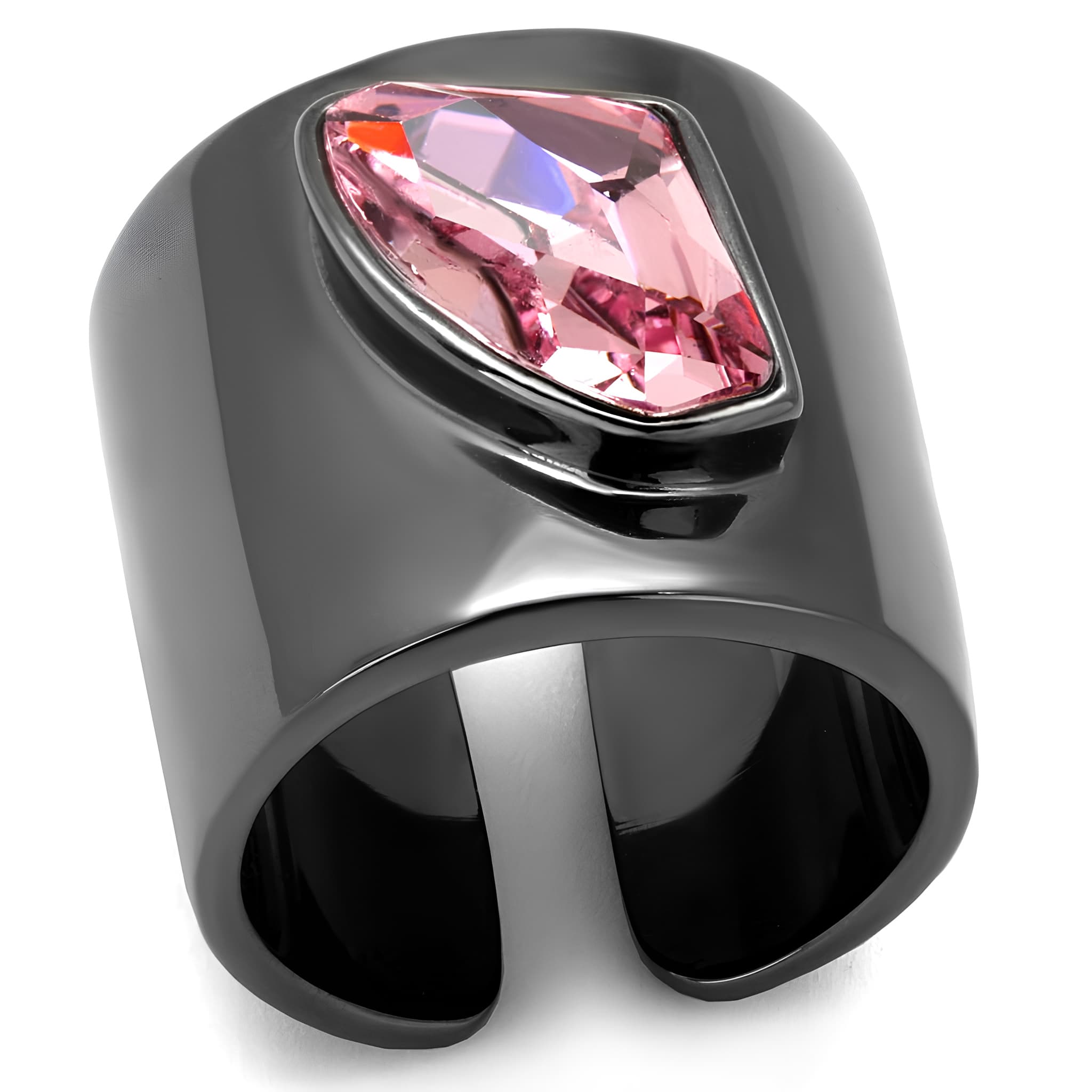 Stainless Steel Dark Gunmetal Pink Crystal Navette Wide Cuff Ring