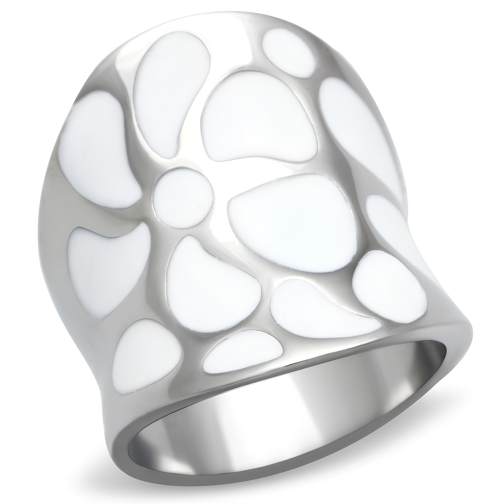 Stainless Steel White Enamel Petal Dome Ring