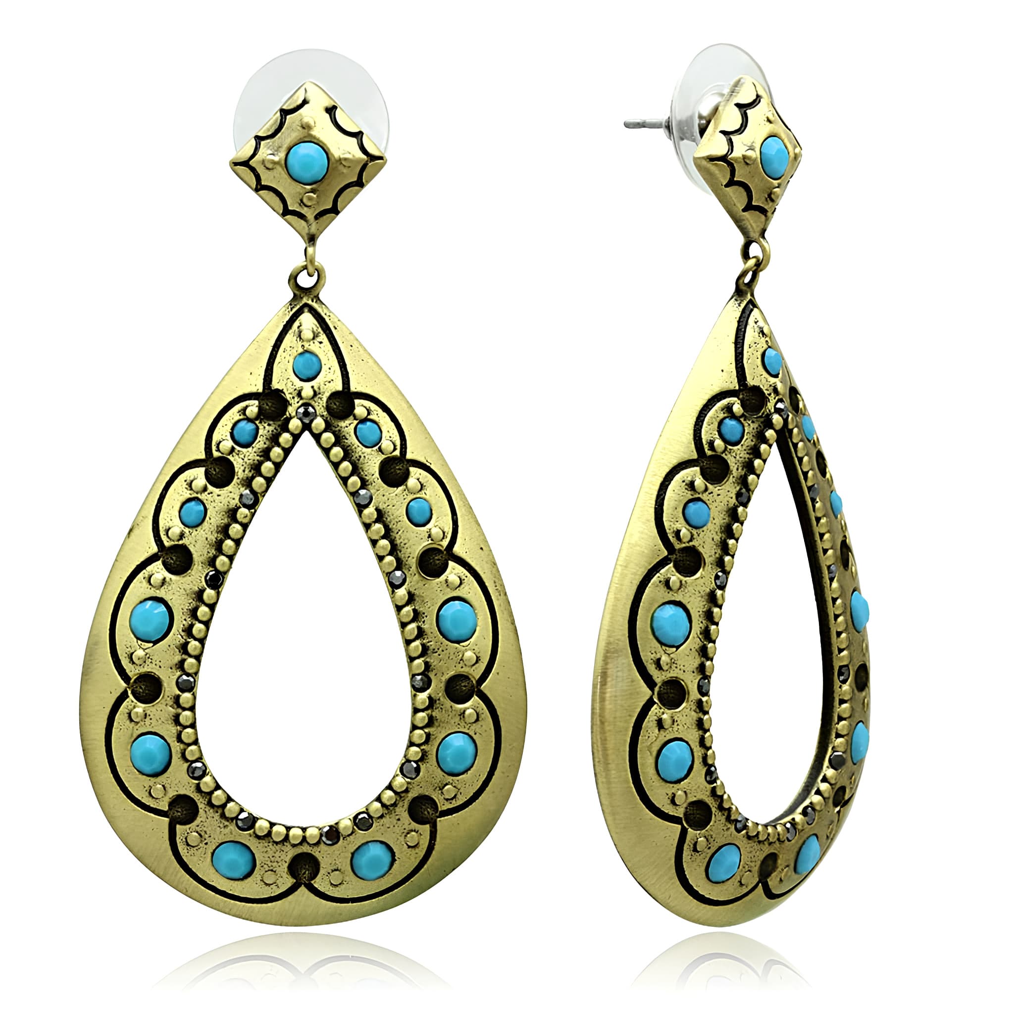 Brass Antique Gold Turquoise Teardrop Filigree Dangle Earrings