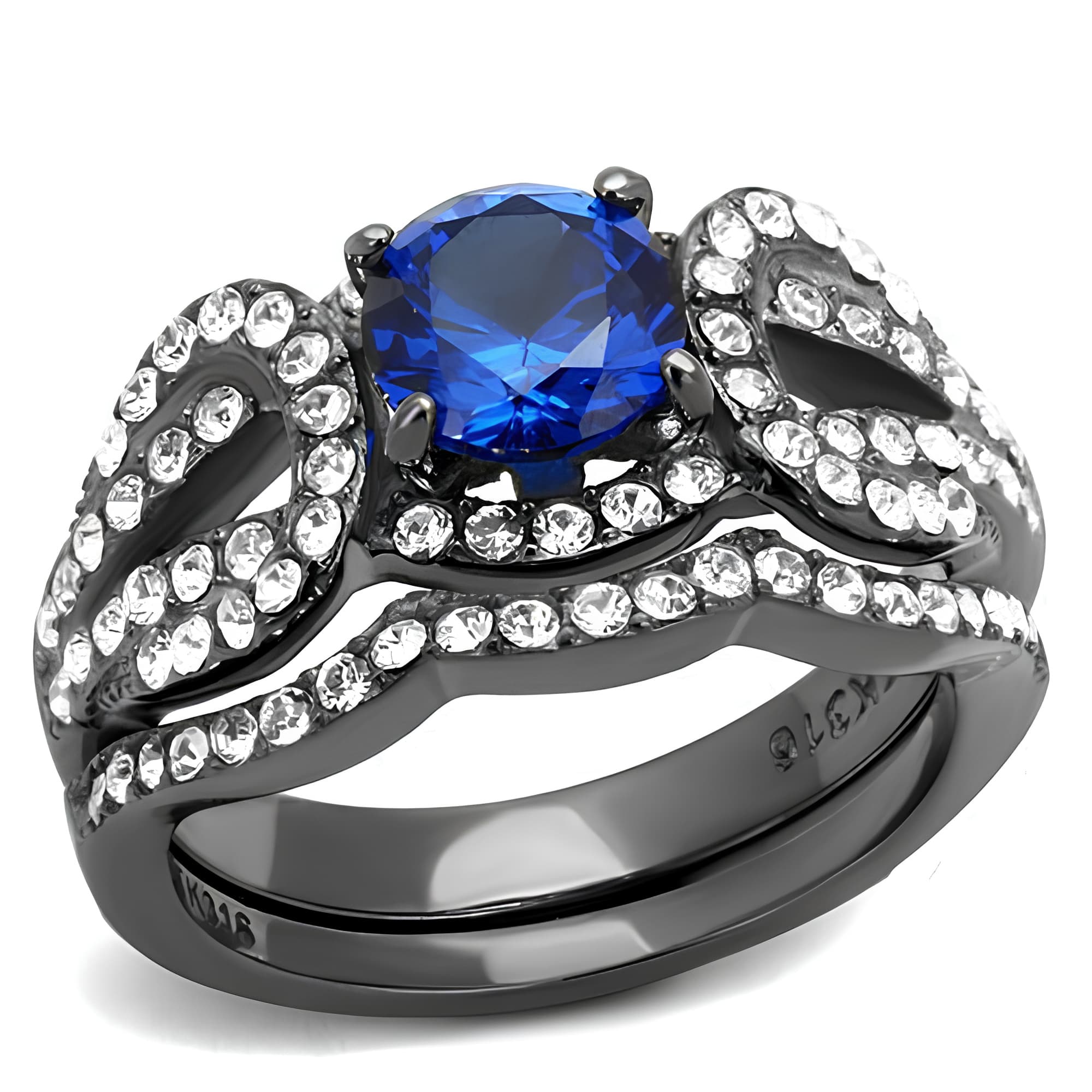 Stainless Steel Blue Sapphire CZ Round Infinity Pave Ring