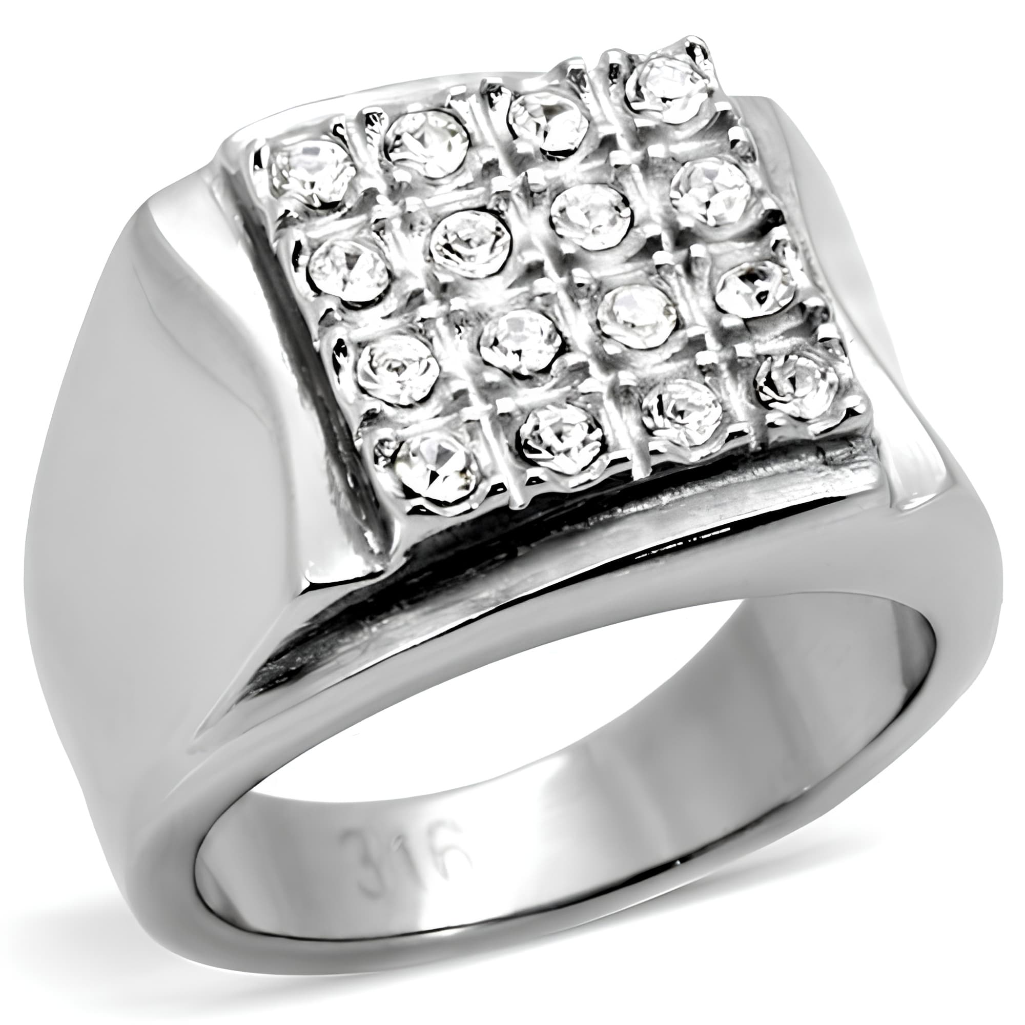 Stainless Steel Silver CZ Grid Pave Polished Square Mens Ring