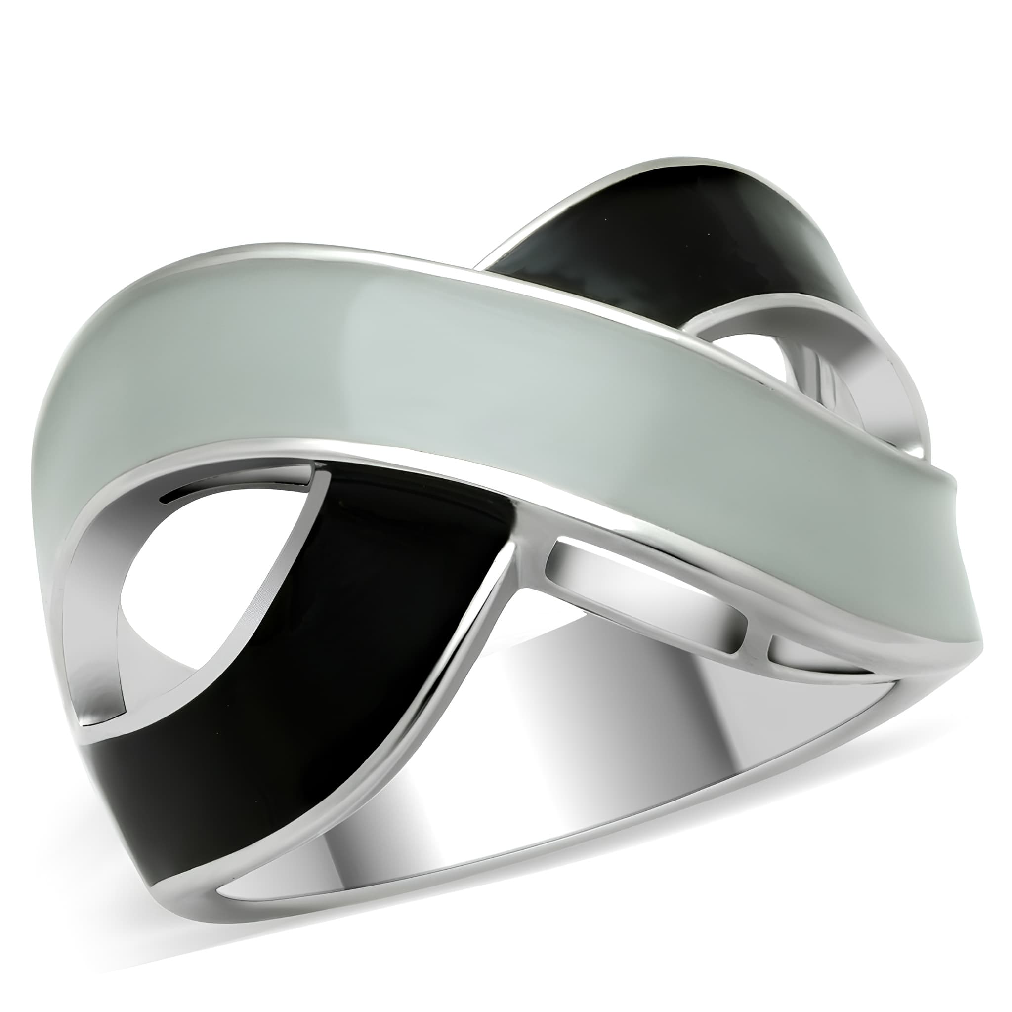 Stainless Steel Two Tone Black IP Silver Enamel Crossover Ring