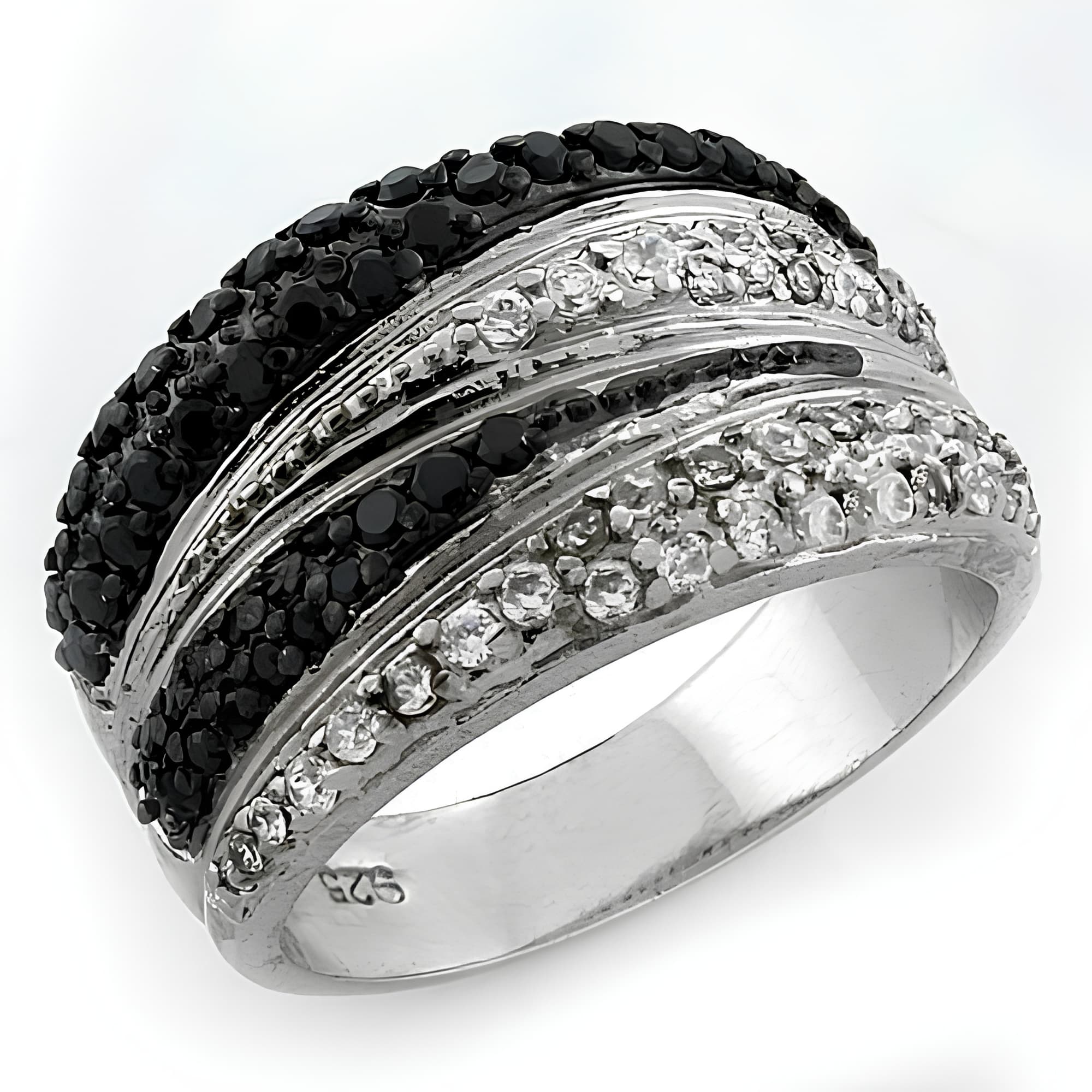 Sterling Silver Black White CZ Multi Row Crossover Wave Ring