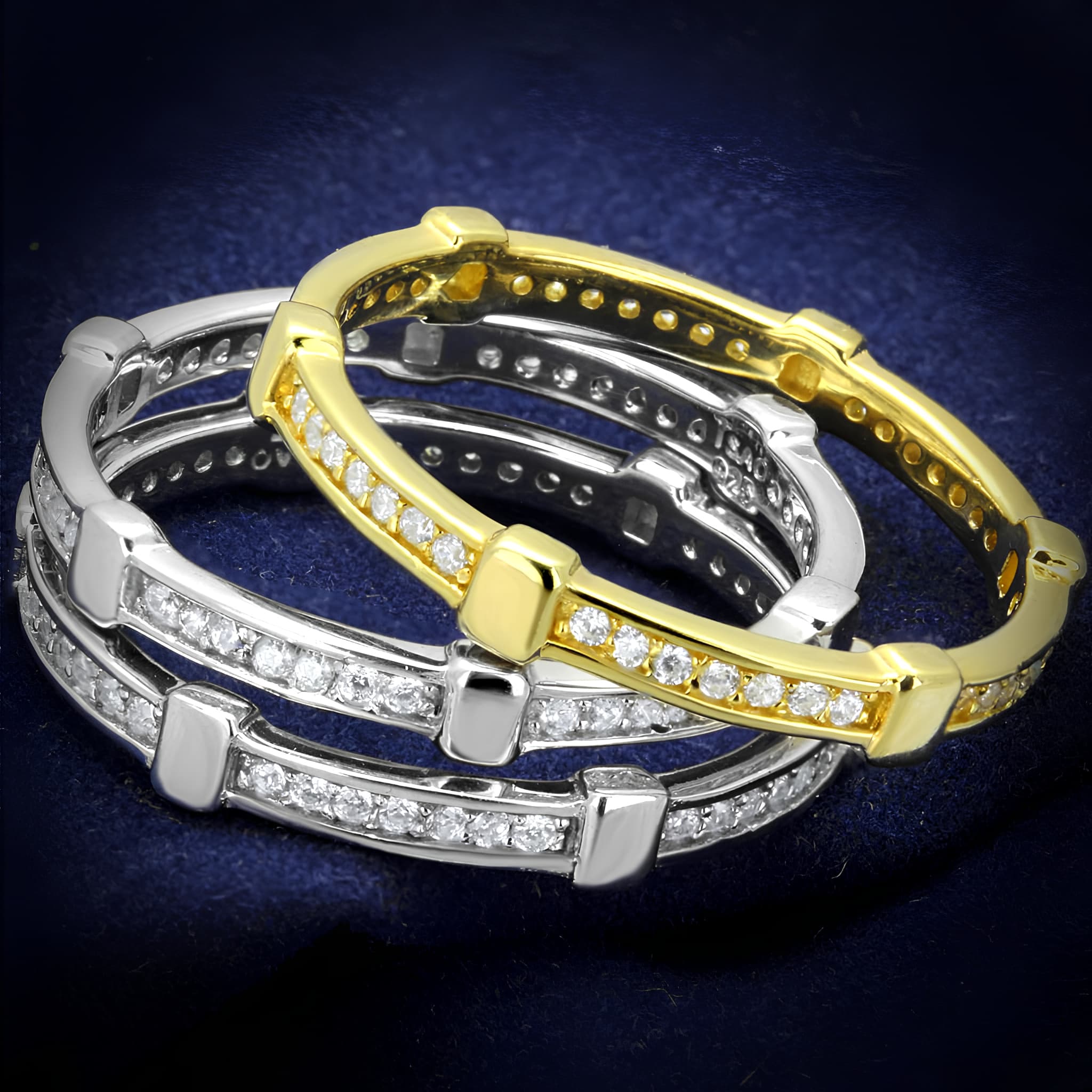 Sterling Silver Gold Two Tone Black CZ Channel Triple Stack Ring