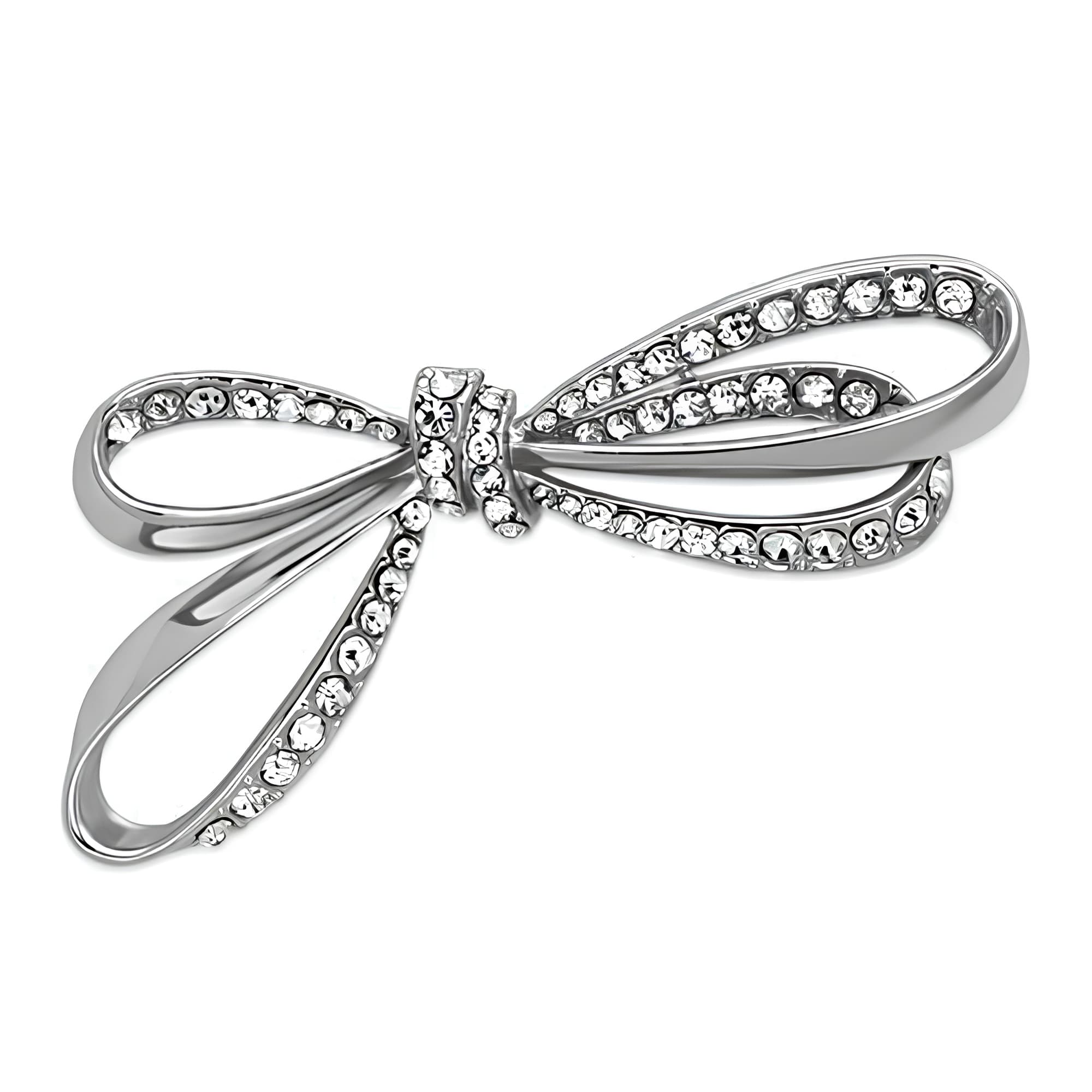 Silver CZ Pave Ribbon Bow Slim Brooch