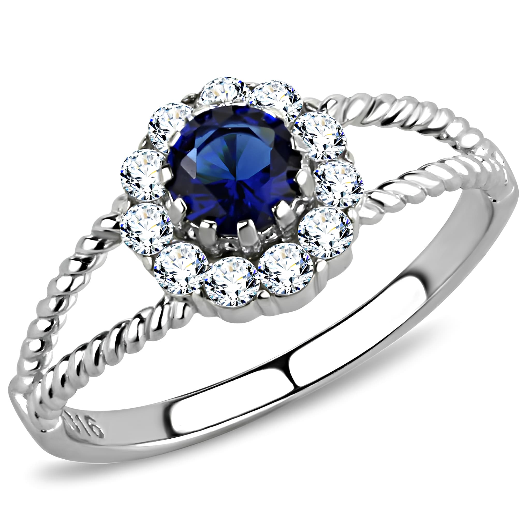 Stainless Steel Blue Sapphire Round CZ Halo Rope Twist Ring