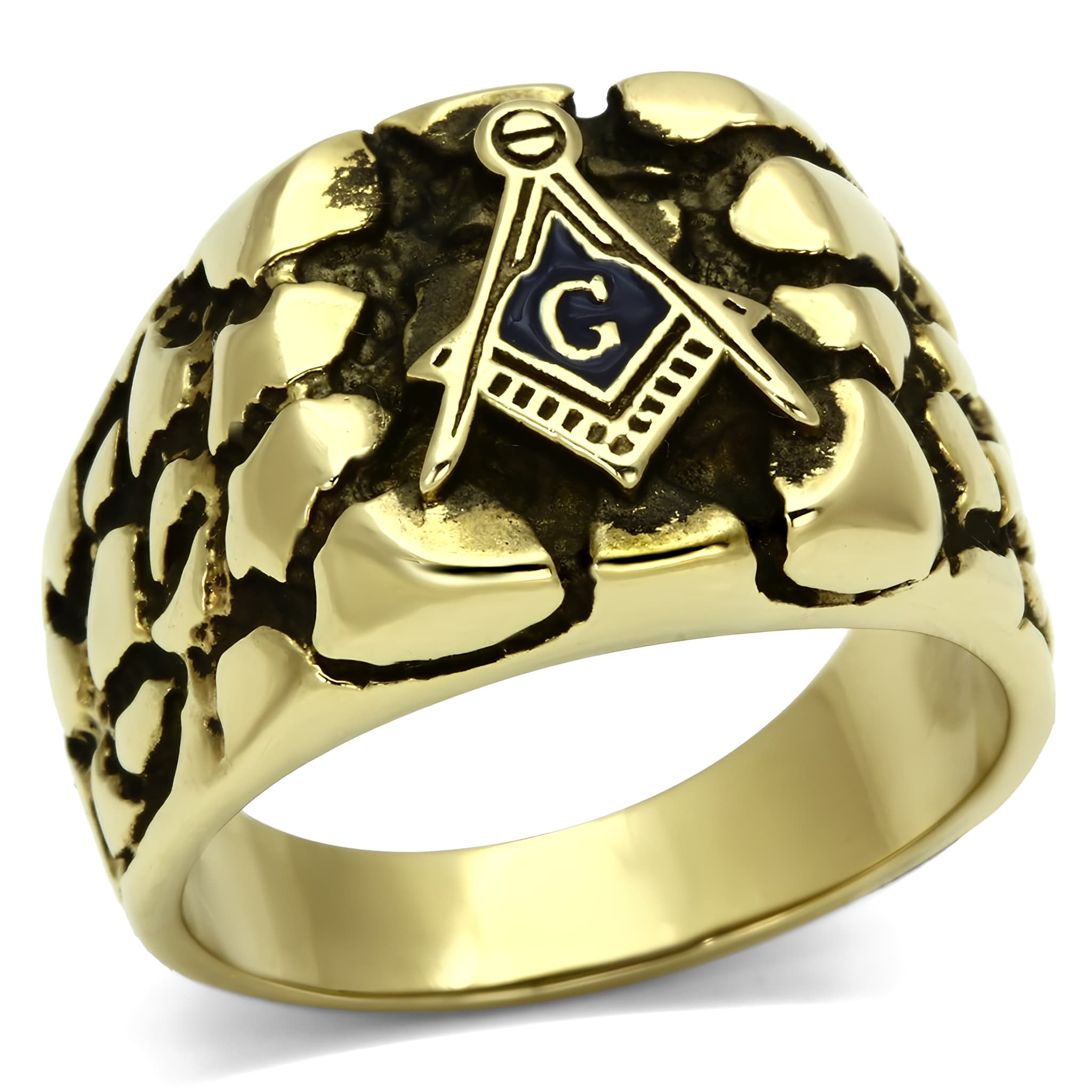 Stainless Steel Gold IP Masonic Nugget Texture Round Mens Ring