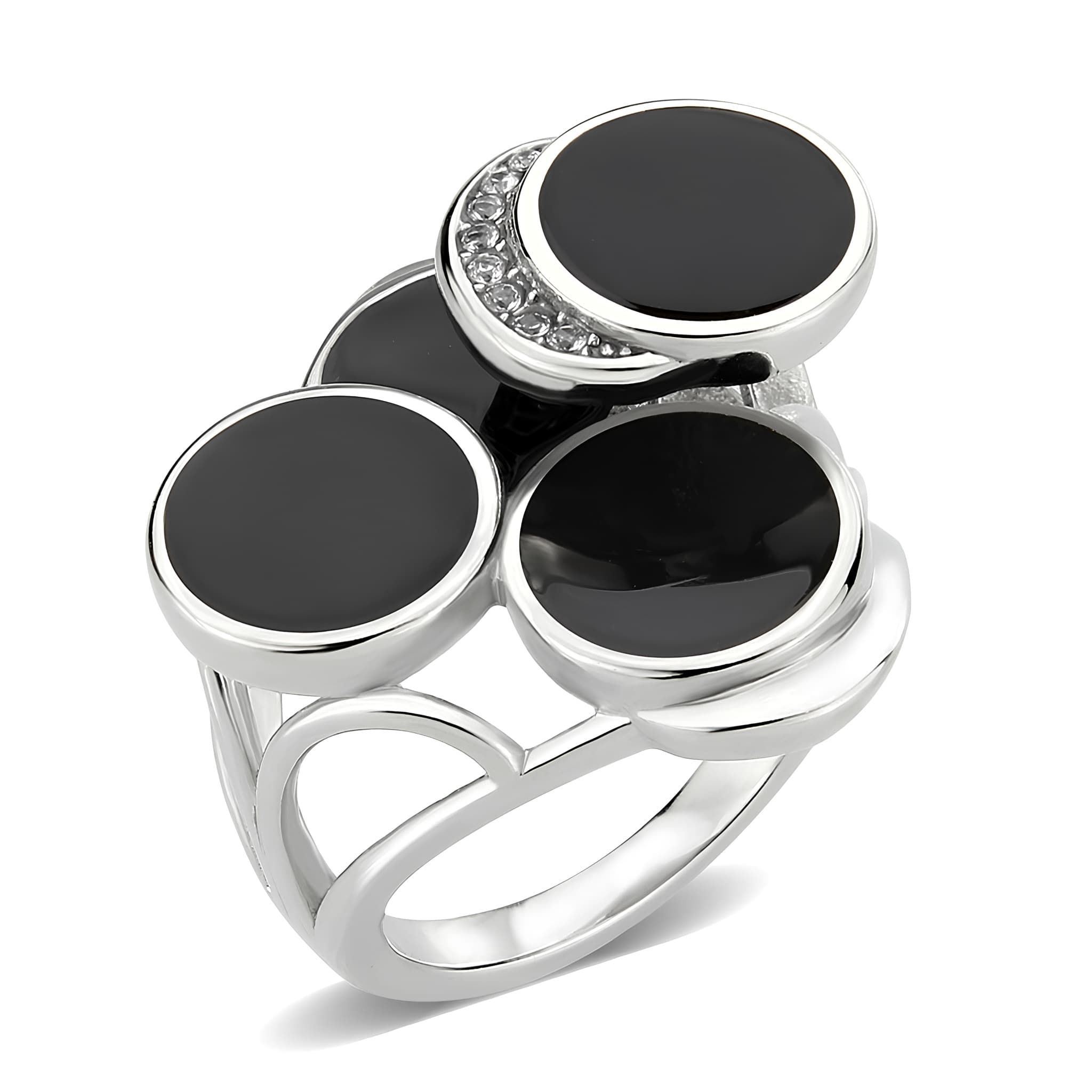 Stainless Steel Silver Black Onyx Round Double Bezel Open Ring