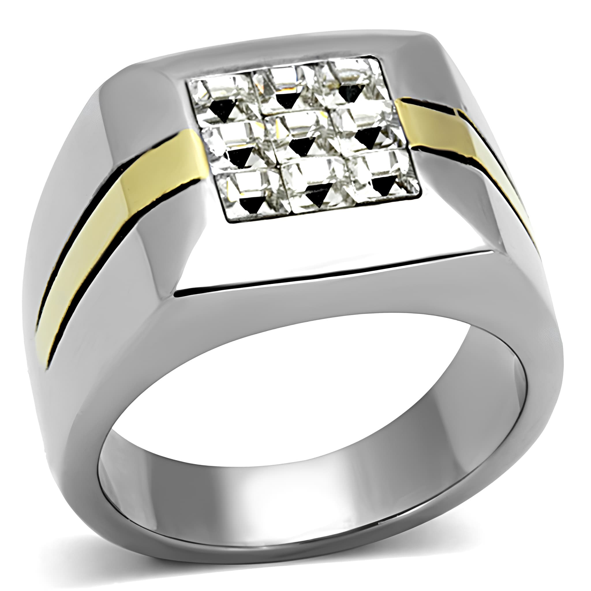 Stainless Steel Two Tone CZ Grid Mens Signet Ring