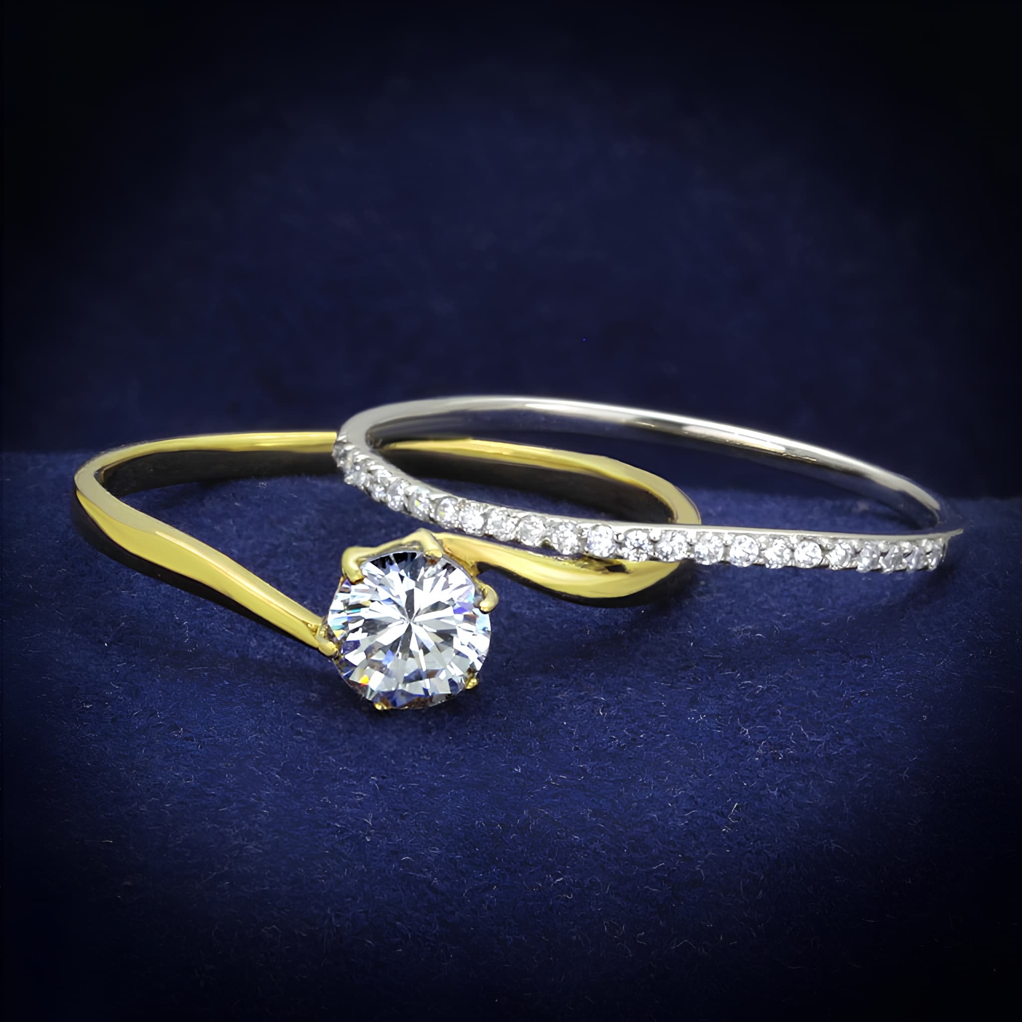 Sterling Silver Gold Two Tone CZ Round Solitaire Bridal Set Ring