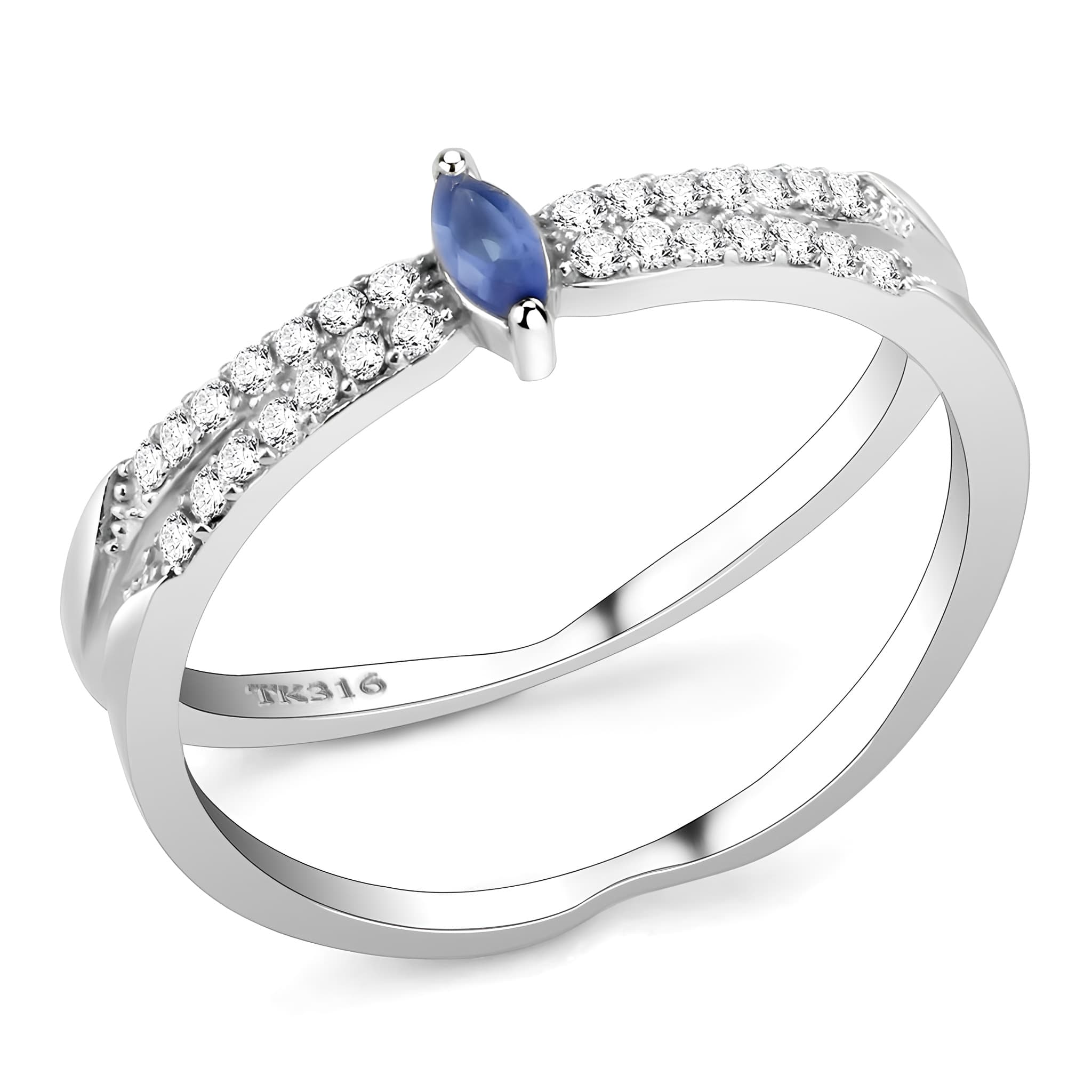 Stainless Steel Blue Sapphire Marquise CZ Pave Split Shank Ring