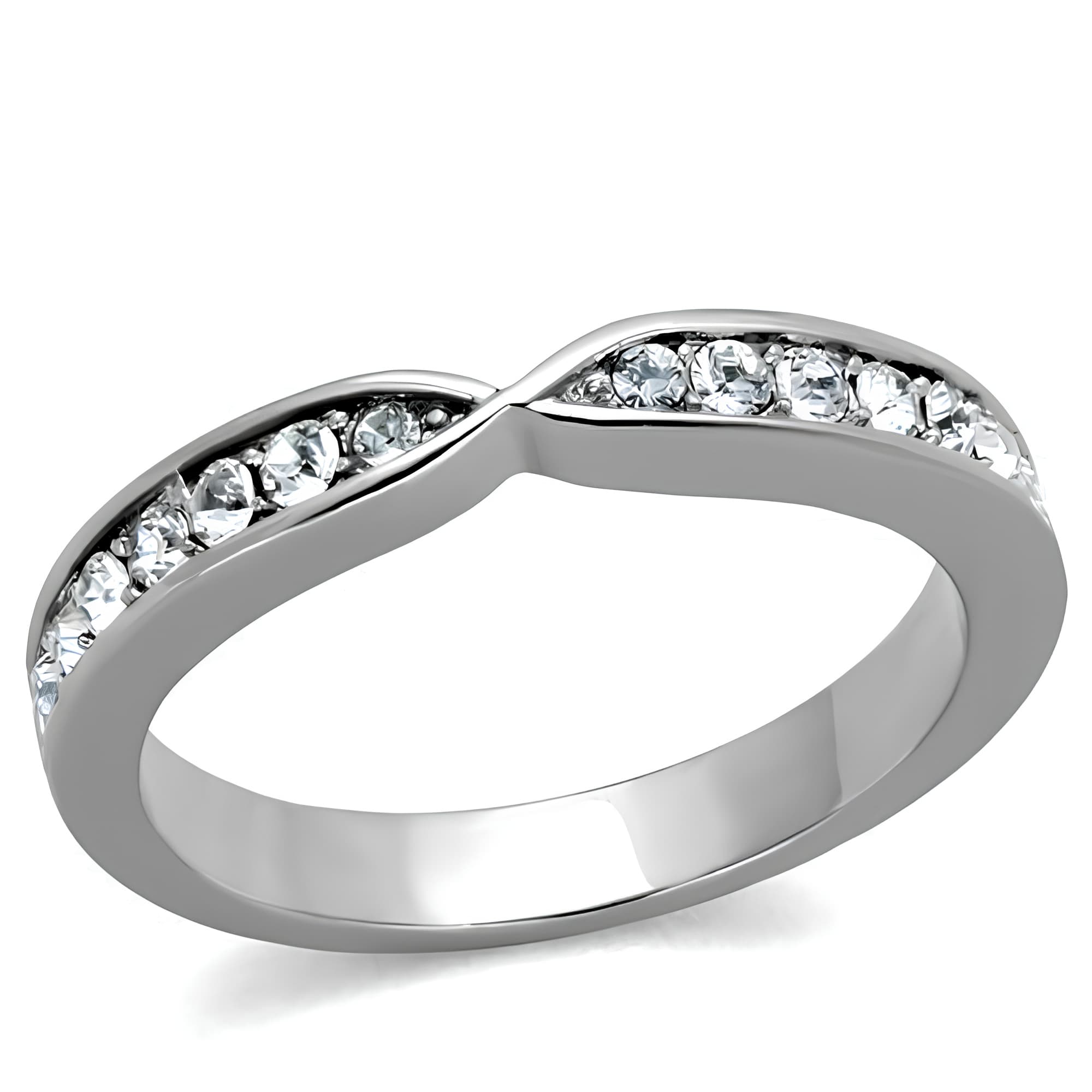 Stainless Steel CZ Pave Twisted Crossover Infinity Band Ring