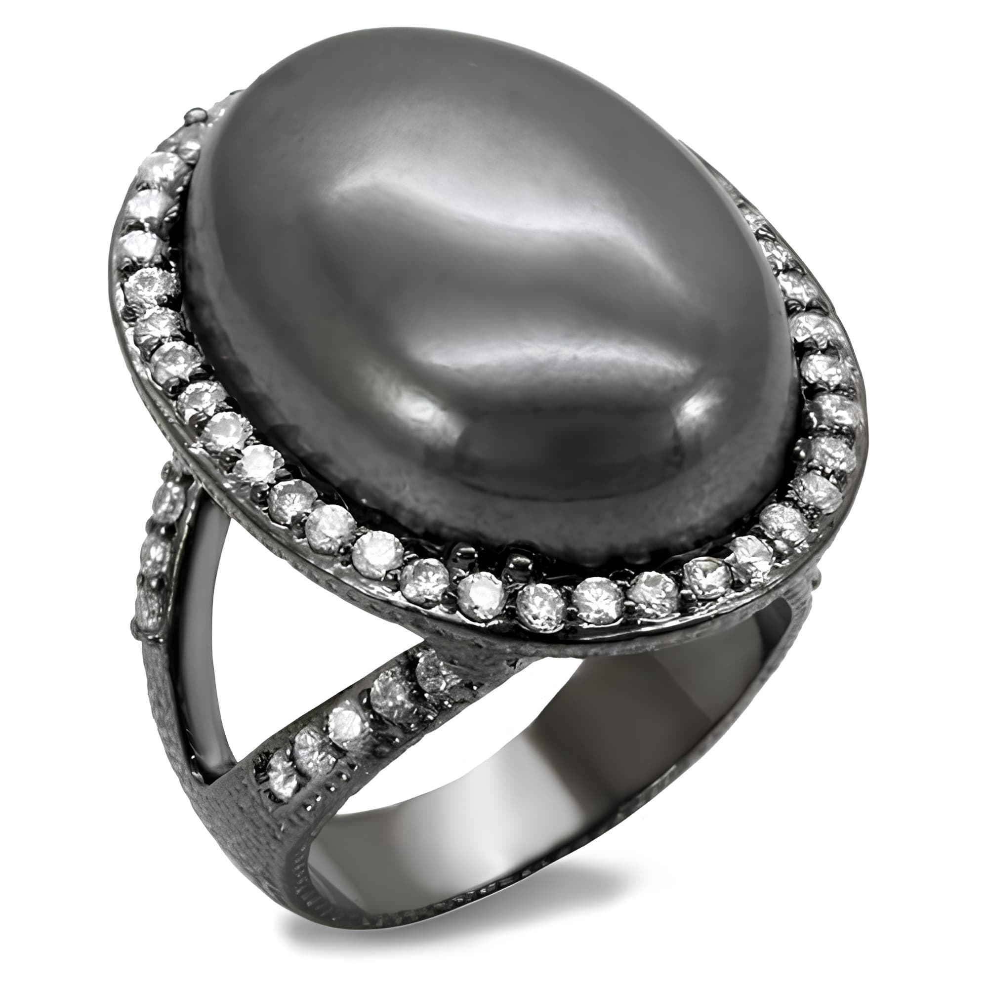 Brass Gunmetal Grey Pearl Oval Crystal Halo Cocktail Ring